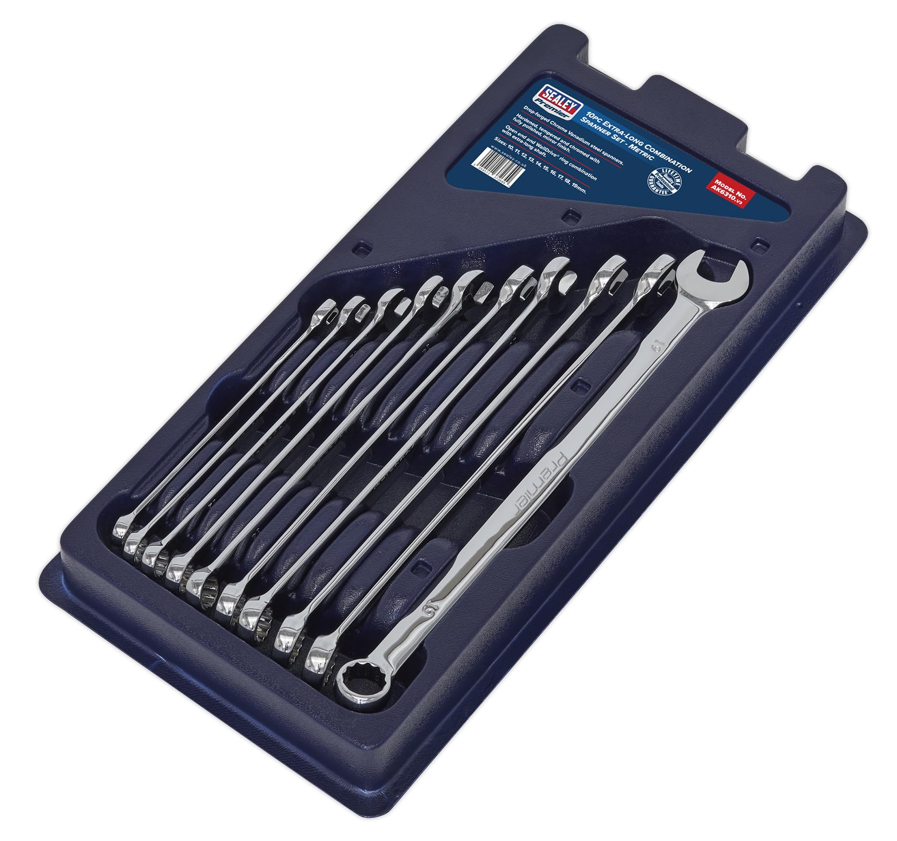Sealey Ak6310 Combination Spanner Set 10Pc Extra-Long Metric, White - Image 3