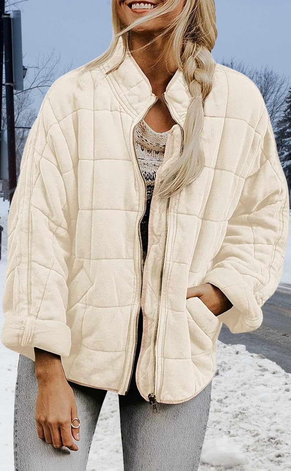 Quilted Jackets for Women Lightweight Long Sleeve Stand Collar Zip Up Jackets for Women Trendy Loose Fit Casual Puffer Jacket Womens Fall Outfits Warm Winter Coats Outerwear Beige M