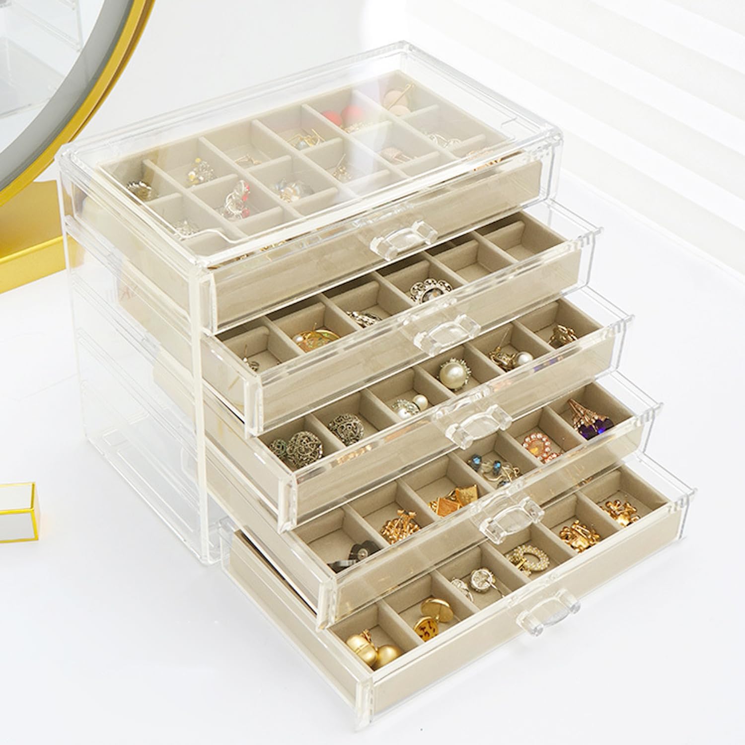 SPAKOWN Earring Organizer, Acrylic Jewelry Box with 5 Drawers, Clear Velvet Earring Storage Display Case with 90 Compartments for Women Girls (Beige)