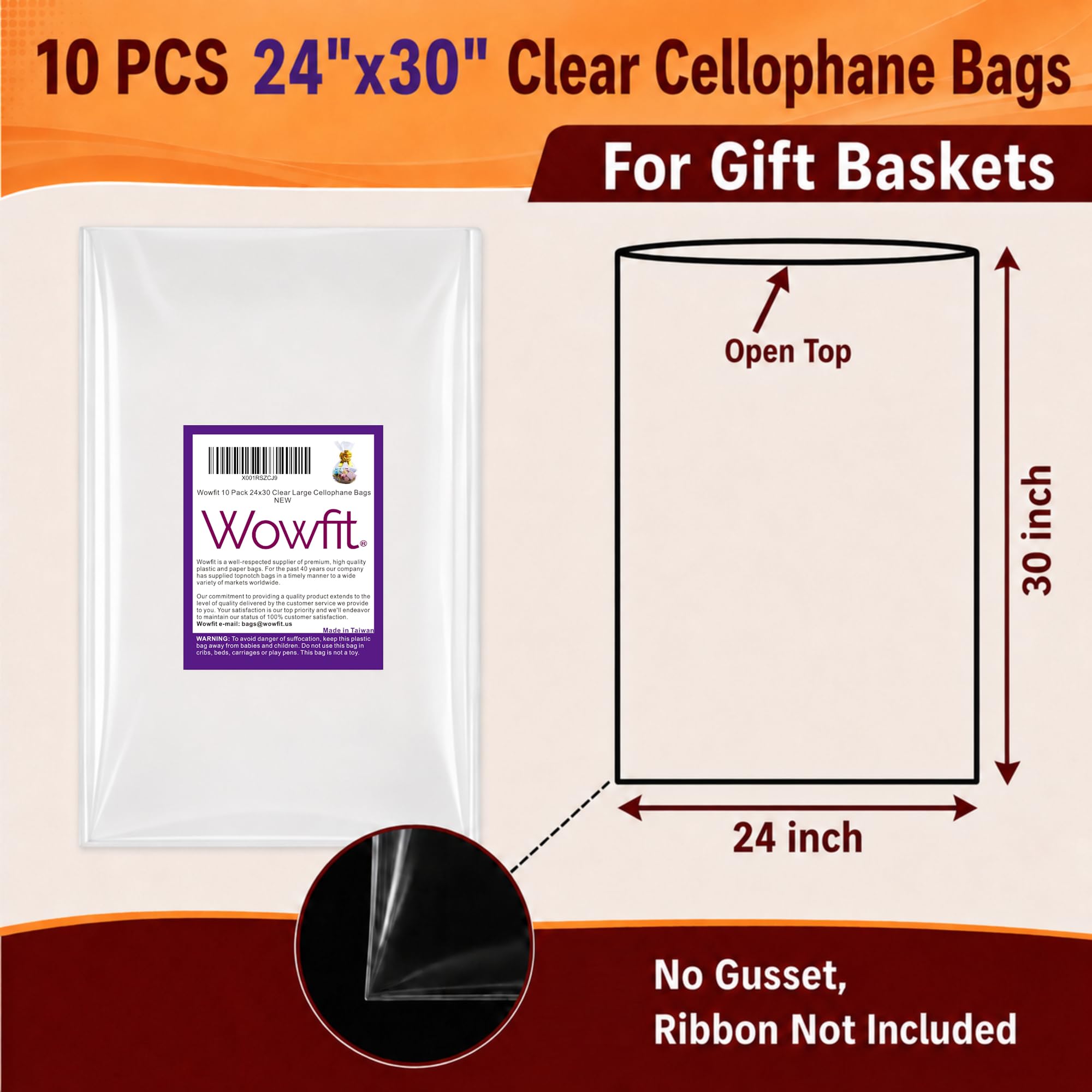 Wowfit Cello Bags,10 CT 24x30 inches Clear Cellophane Bags Perfect for Gift Baskets, Presents, Weddings, Bridal/Baby Showers and More (Flat, No Gusset, Ribbon Not included)