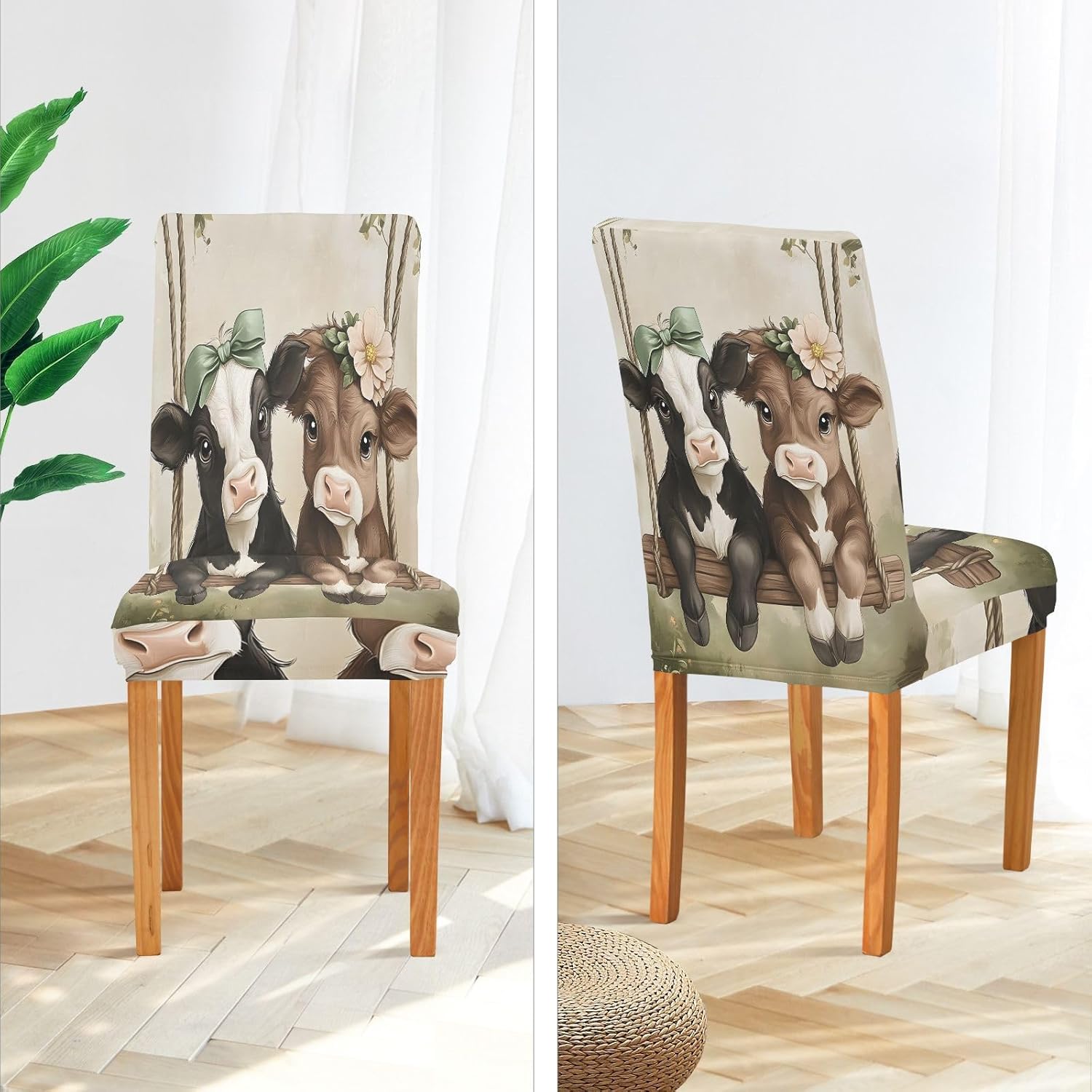 ALAZA Chair Covers for Dining Room, Two Cute Cows Stretch Chair Cover Sets Chair Protector Removable Washable for Ktichen Restaurant Hotel