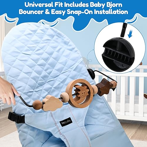 Miniatura 5 de Barra de juguete de actividad de madera natural para bebé Bjorn Bouncer, juguetes colgantes de luna sonriente giratoria de 360 para asiento de