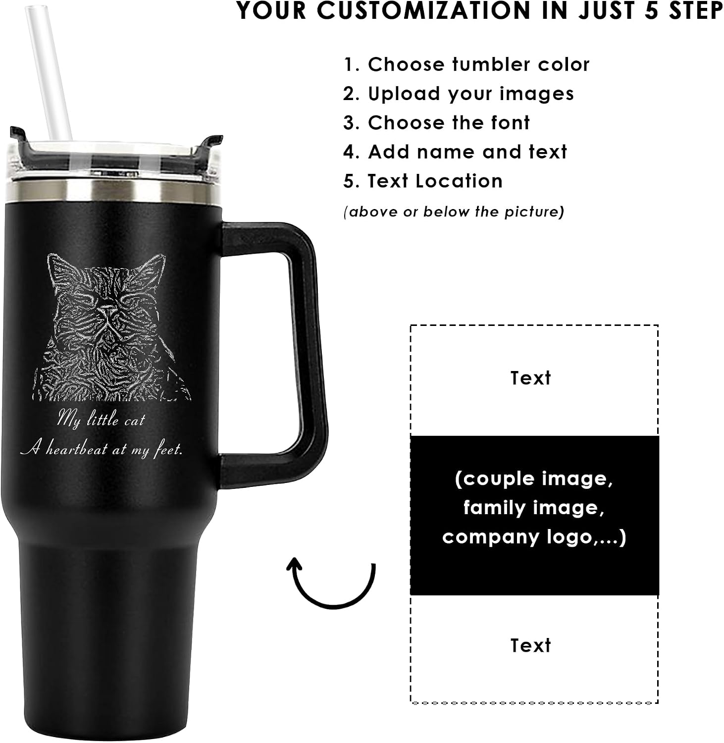 Custom Cat, Pets Photo Personalized Tumbler 40 oz Laser Engraved, Insulated Cup with Handle, Lid and Straw, Vacuum Insulated, Coffee Mug - Custom Name, Text, Image, Personalized Gifts For Cat Mom
