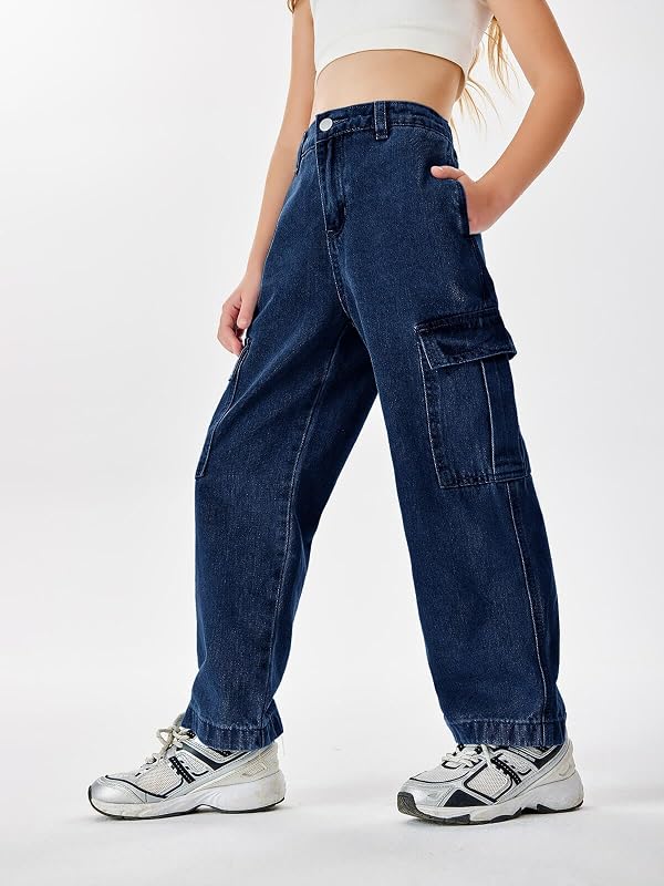 Haloumoning Girls Jeans Denim Elastic High Waisted Wide Leg Baggy Cargo Pants with Pockets 5-14 Years by Haloumoning - Image 3
