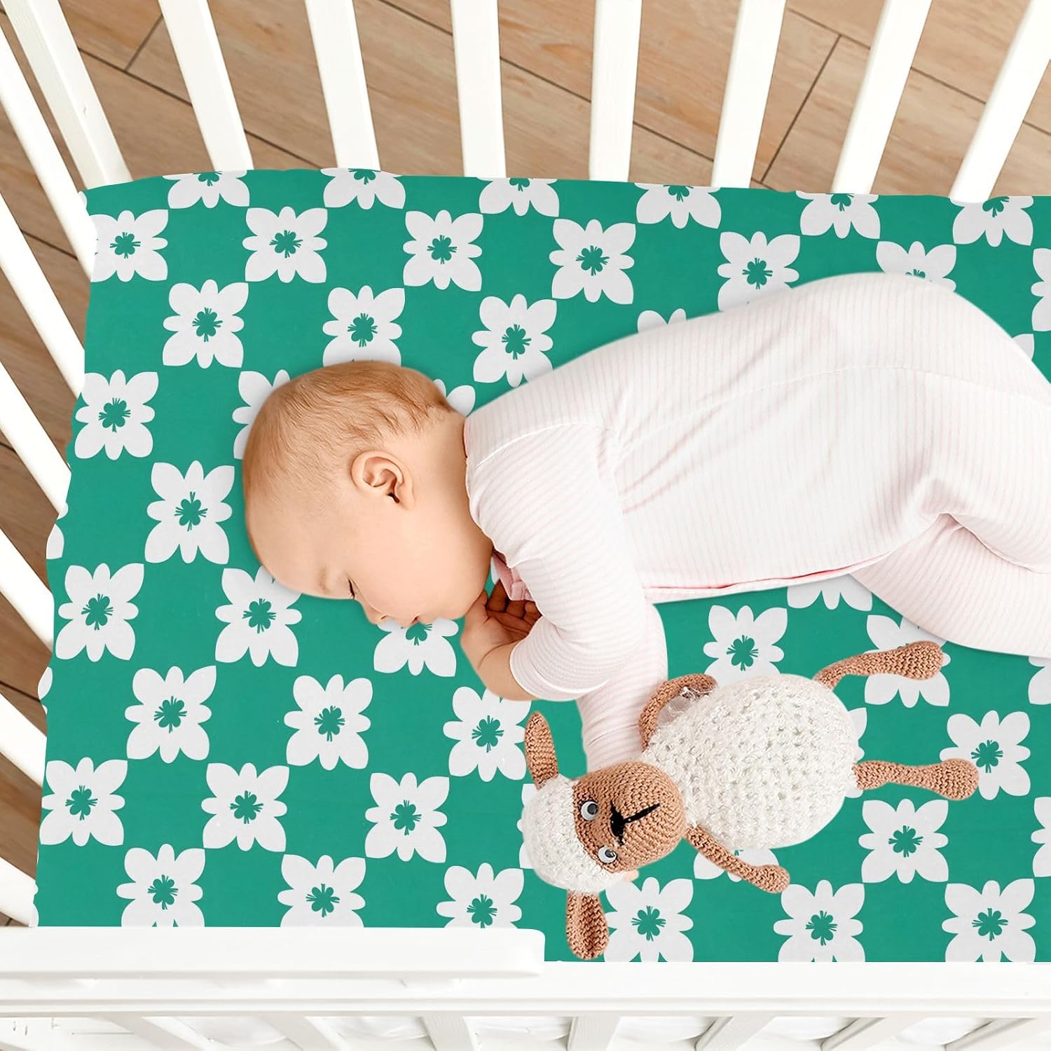 MNSRUU Baby Crib Sheets for Boys Girls, Green Flower Soft Breathable Fitted Bassinet Playard Bed Sheet for Standard Crib and Toddler Mattress Playard Bedding, 39x27x5in