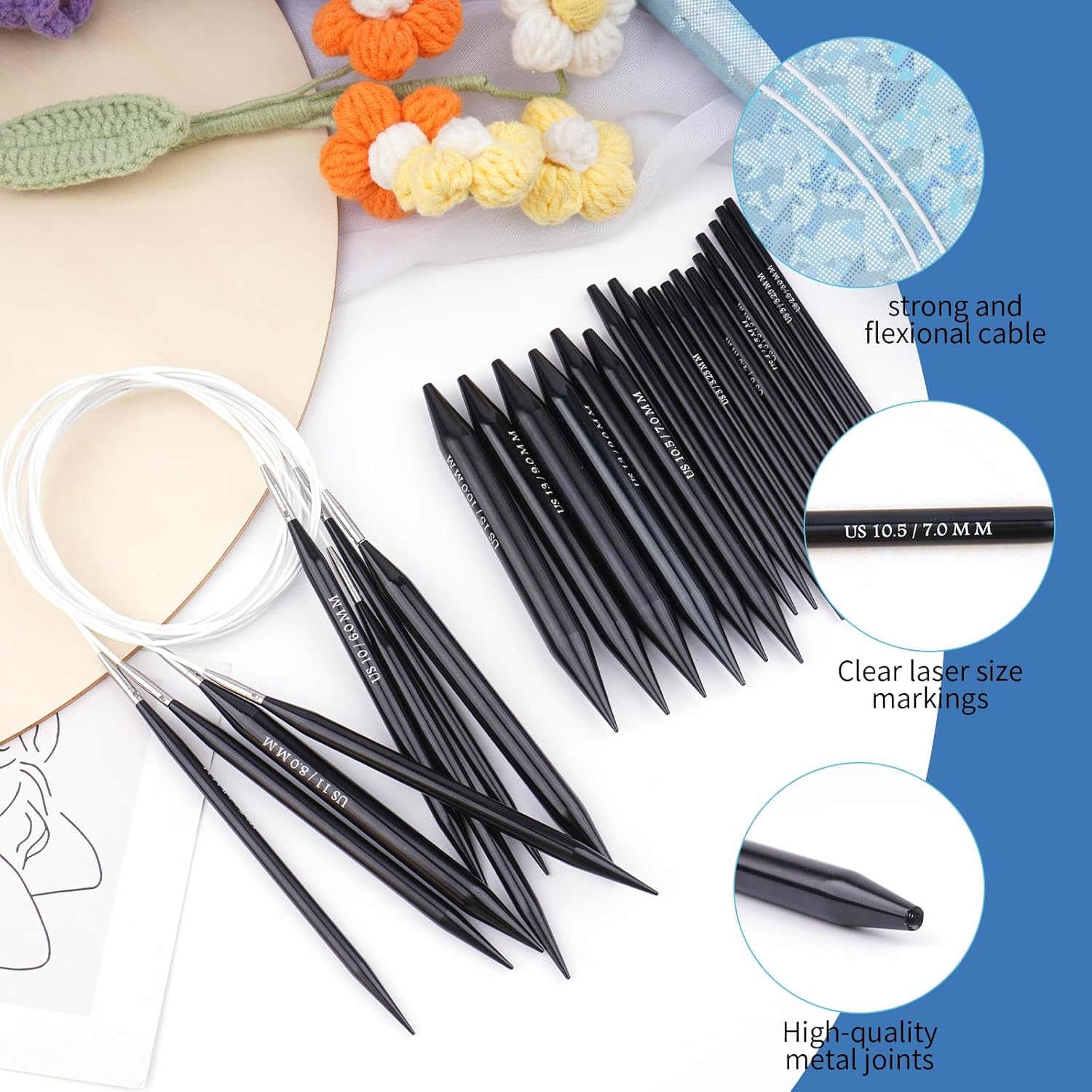 WAZAIGUR Interchangeable Aluminum Circular Knitting Needles Set, Knitting Needles Set, 3mm 3.25mm 3.5mm 3.75mm 4mm 4.5mm 5mm 5.5mm 6mm 7mm 8mm 9mm 10mm Knitting Needles, 13 Pairs