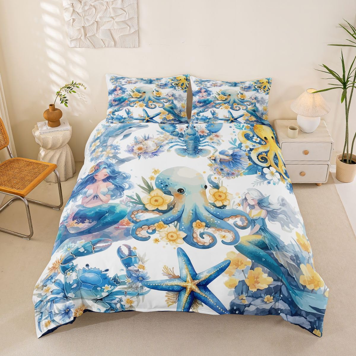 Homewish Set di biancheria da letto per letto super king size con motivo a tentacoli di polpo e sirena, con delfini, stelle marine, aragoste, animali