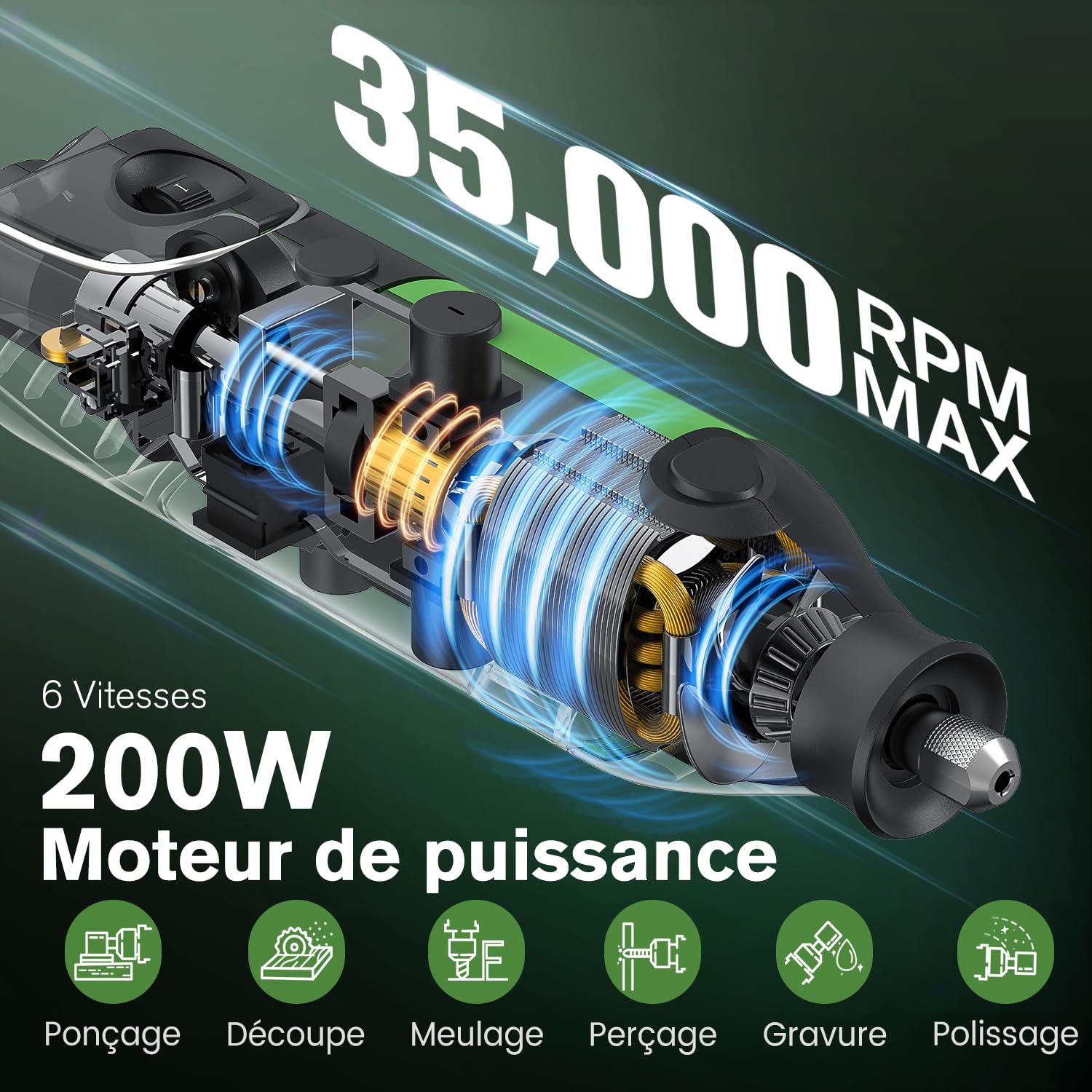 Ginour Outil Rotatif Multifonction 200W Outil Rotatif Filaire Meuleuse Perceuse avec 135 Accessoires 6 Vitesses Variables 8000-35000RPM Mandrin à 3 Griffes pour Découpe Ponçage Gravure