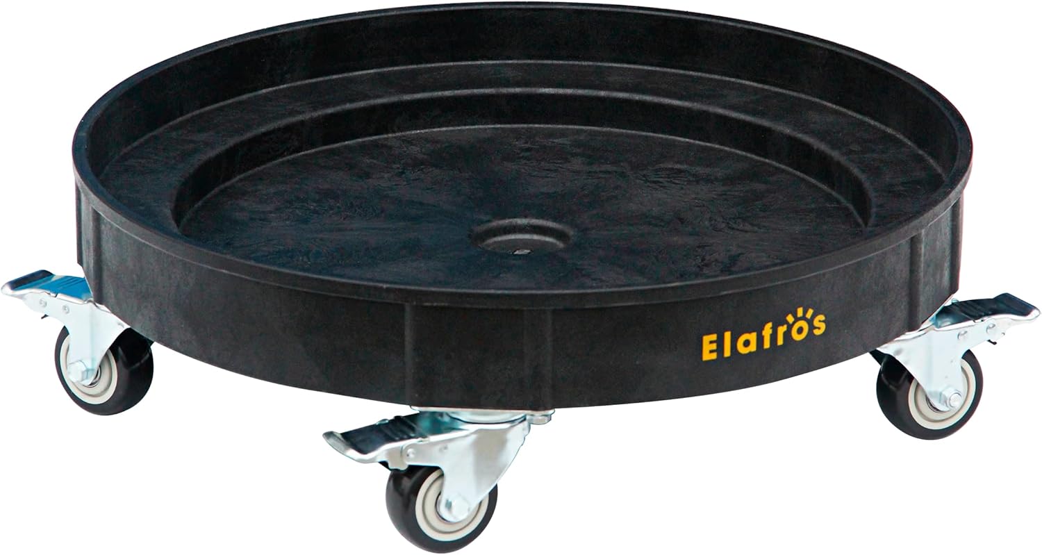 ELAFROS 30 Gallon and 55 Gallon Heavy Duty Plastic Drum Dolly – Durable Plastic Drum Cart 900 lb. Capacity- Barrel Dolly with 5 Swivel Casters Wheel, Black, with Brake With Brake Black