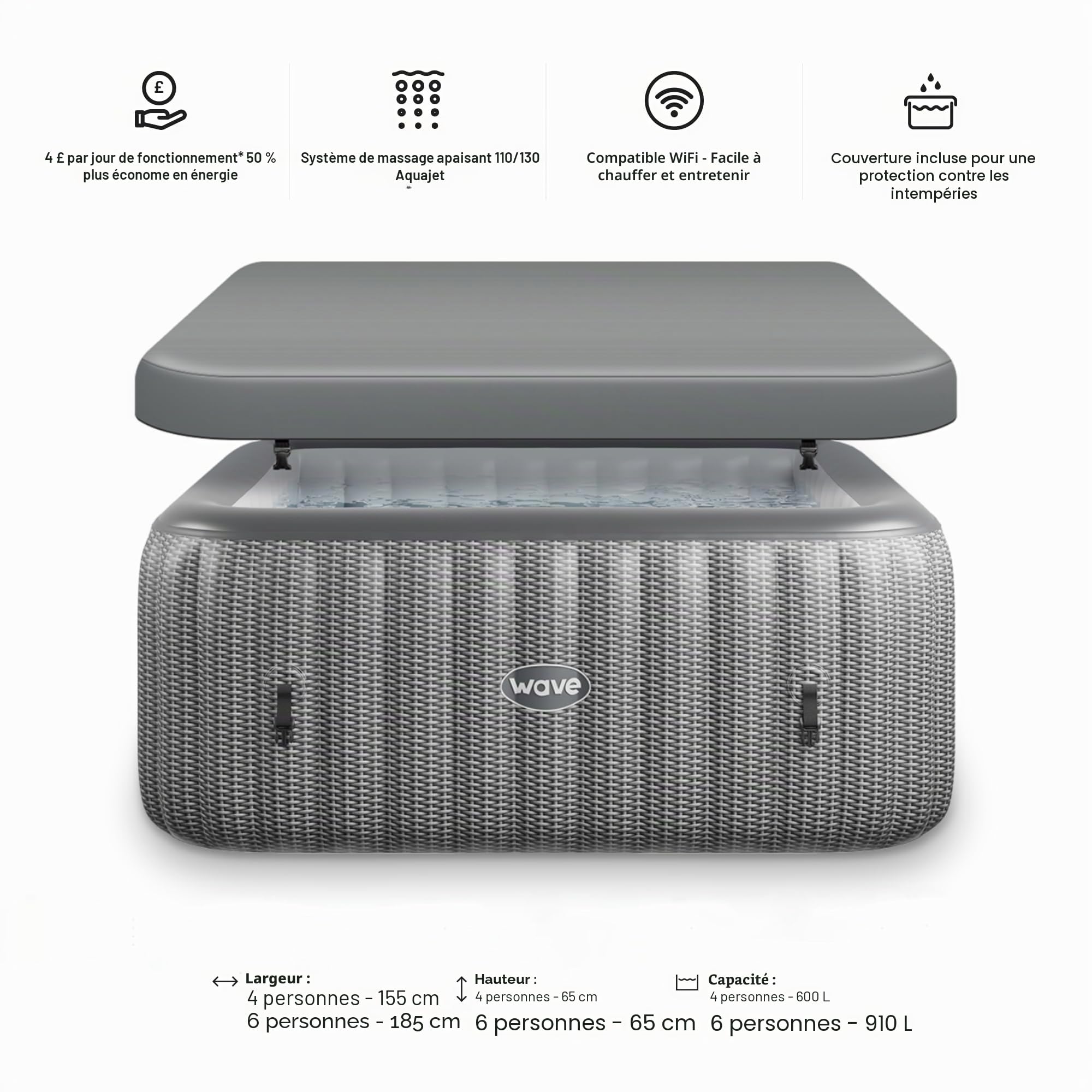 Spa Gonflable Wave | Chauffage écologique intégré | Système de Massage Aquajet | Protection antigel | Configuration Rapide en 15 Minutes (Pacific, Rotin Gris | 4 Personnes)