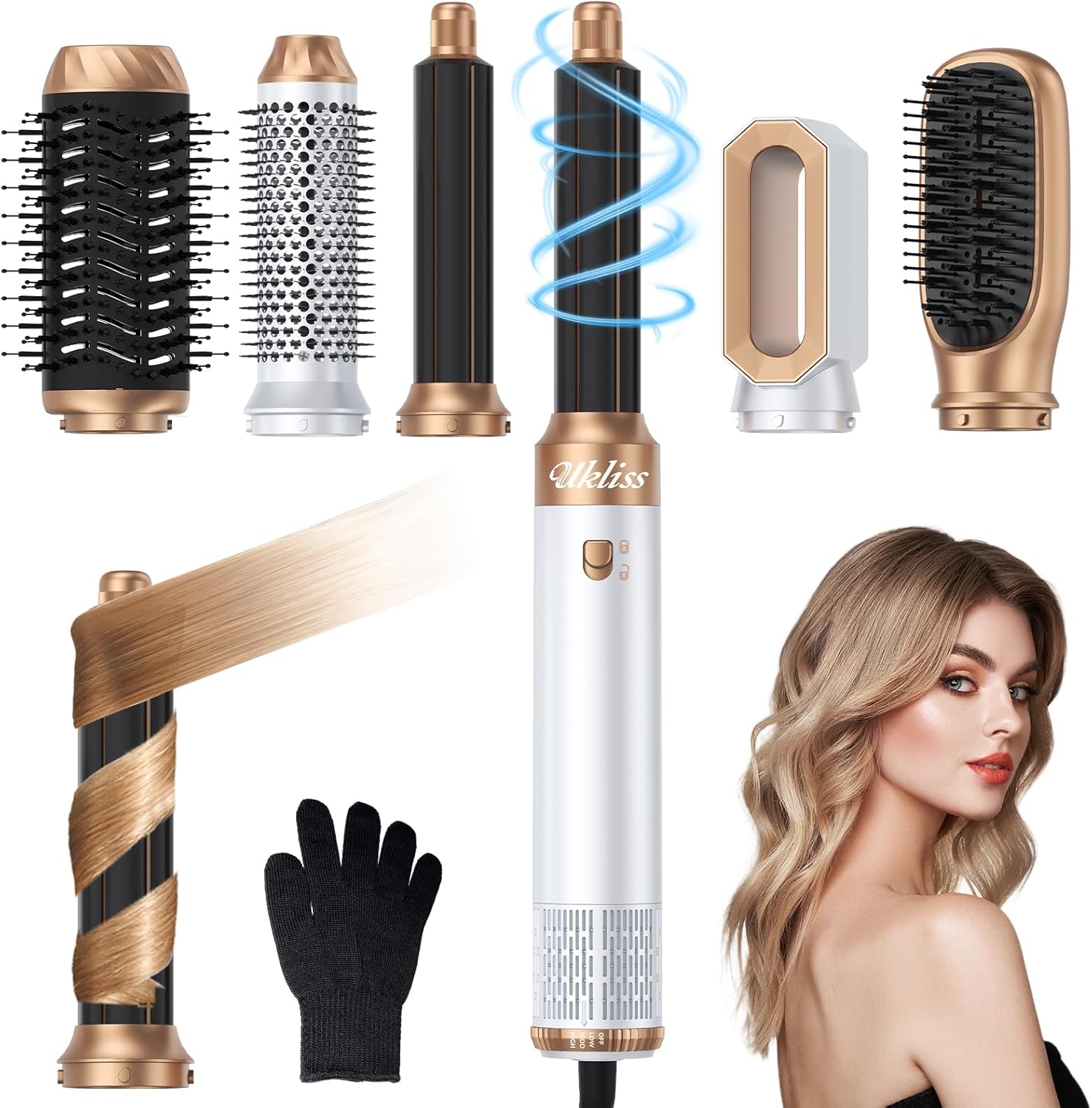 All components of the UKLISS 6-in-1 Blow Dryer Brush, including the main wand and six interchangeable attachments.