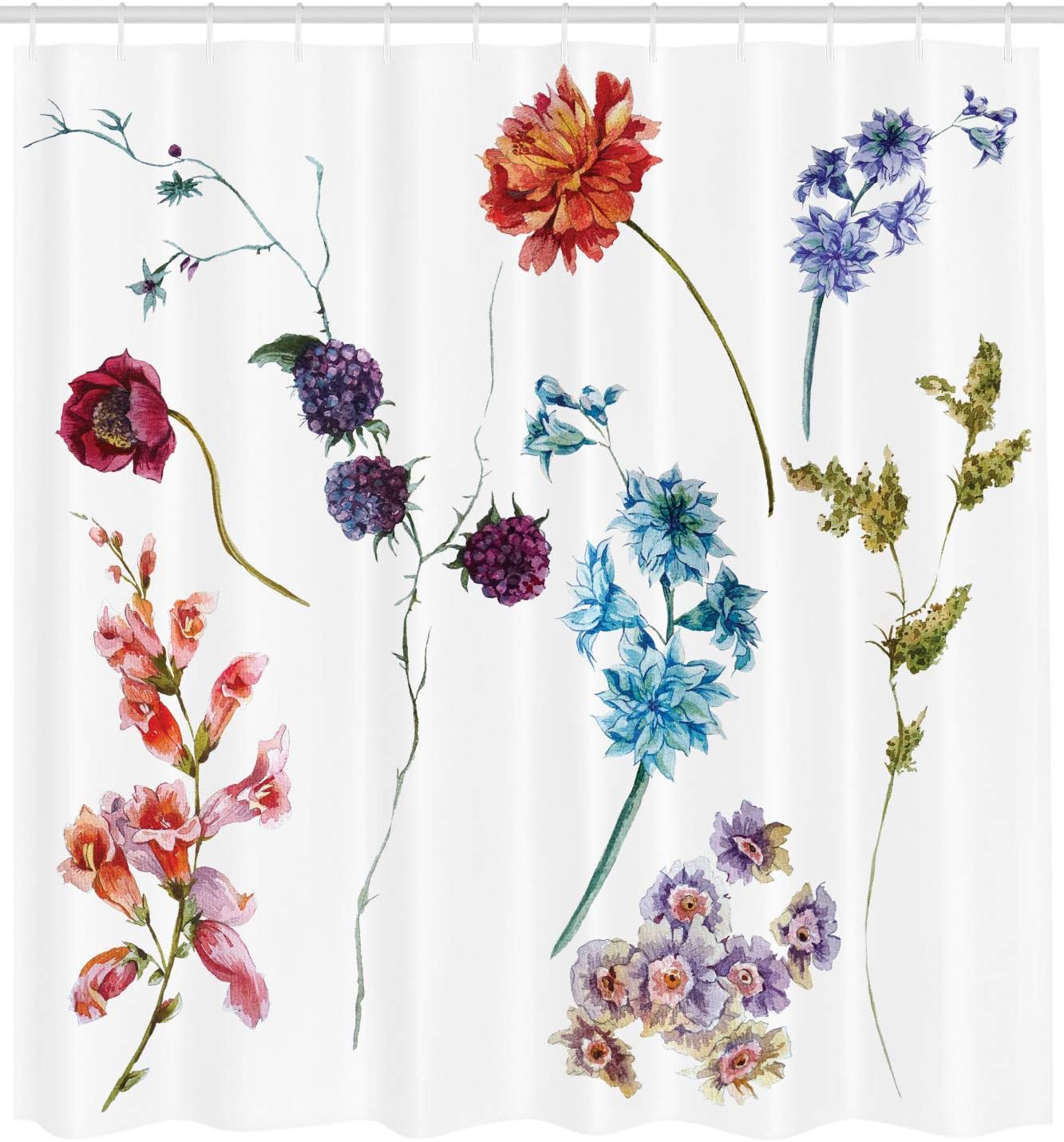 Ambesonne Watercolor Flower Shower Curtain, Colorful Watercolor Wildflowers and Sprigs Flowers Botanical Garden Theme Meadow Art, Cloth Fabric Bathroom Decor Set with Hooks, 69" W x 84" L, Multicolor
