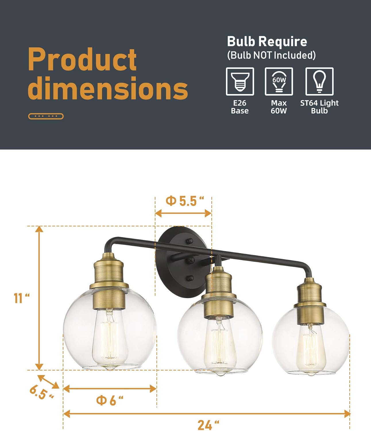 70% Off Discount AKEZON 3-Light Bathroom Vanity Lights, Bathroom Lighting Fixtures Over Mirror, Matte Black & Antique Brass Finish with Clear Glass Shade, KW-7221-3 New Arrivals AKEZON 3-Light Bathroom Vanity Lights, Bathroom Lighting Fixtures Over Mirror, Matte Black & Antique Brass Finish with Clear Glass Shade, KW-7221-3