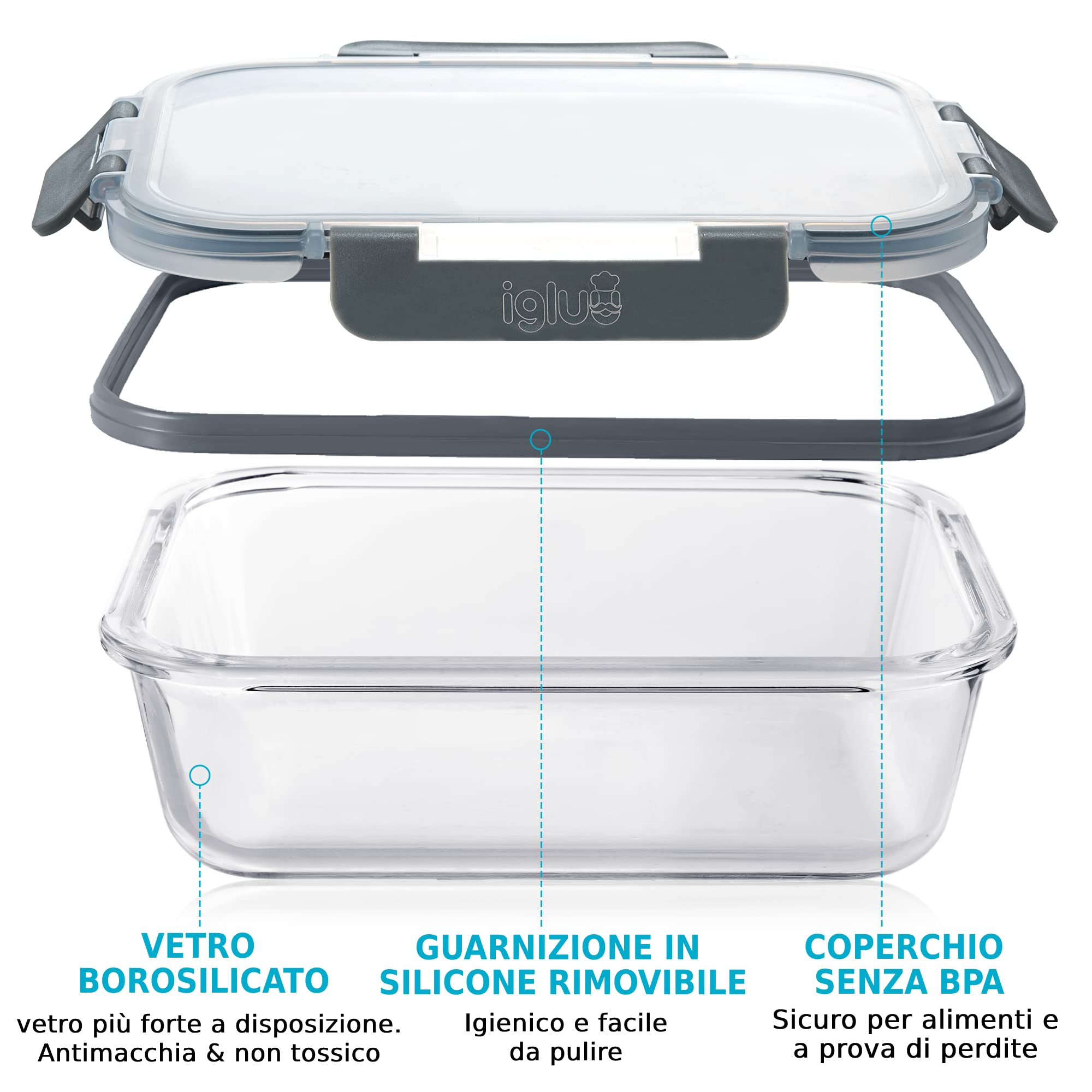 BAYZZ Set 24 Contenitori Per Alimenti In Vetro Borosilicato Con Coperchi Ermetici - 12 Pezzi In 3 Forme (Quadrato, Rotondo, Rettangolare) - Per Microonde, Forno E Congelatore, Senza BPA