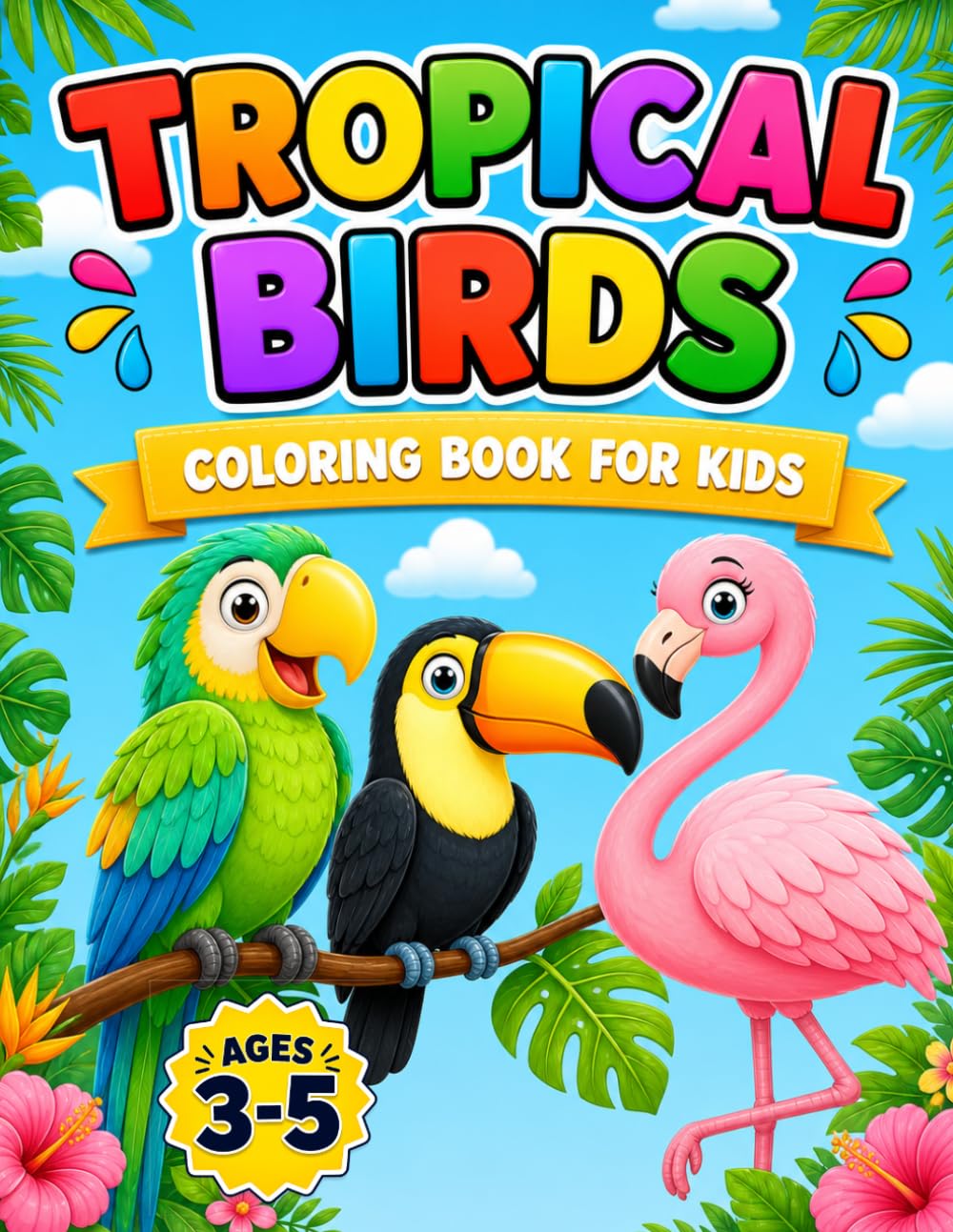 Tropical Birds Coloring Book for Kids Ages 3–5: Cute and Easy Bird Coloring Pages for Toddlers and Preschool Kids with Fun Tropical Birds, Flamingos, Parrots, Toucans, Owls, and More