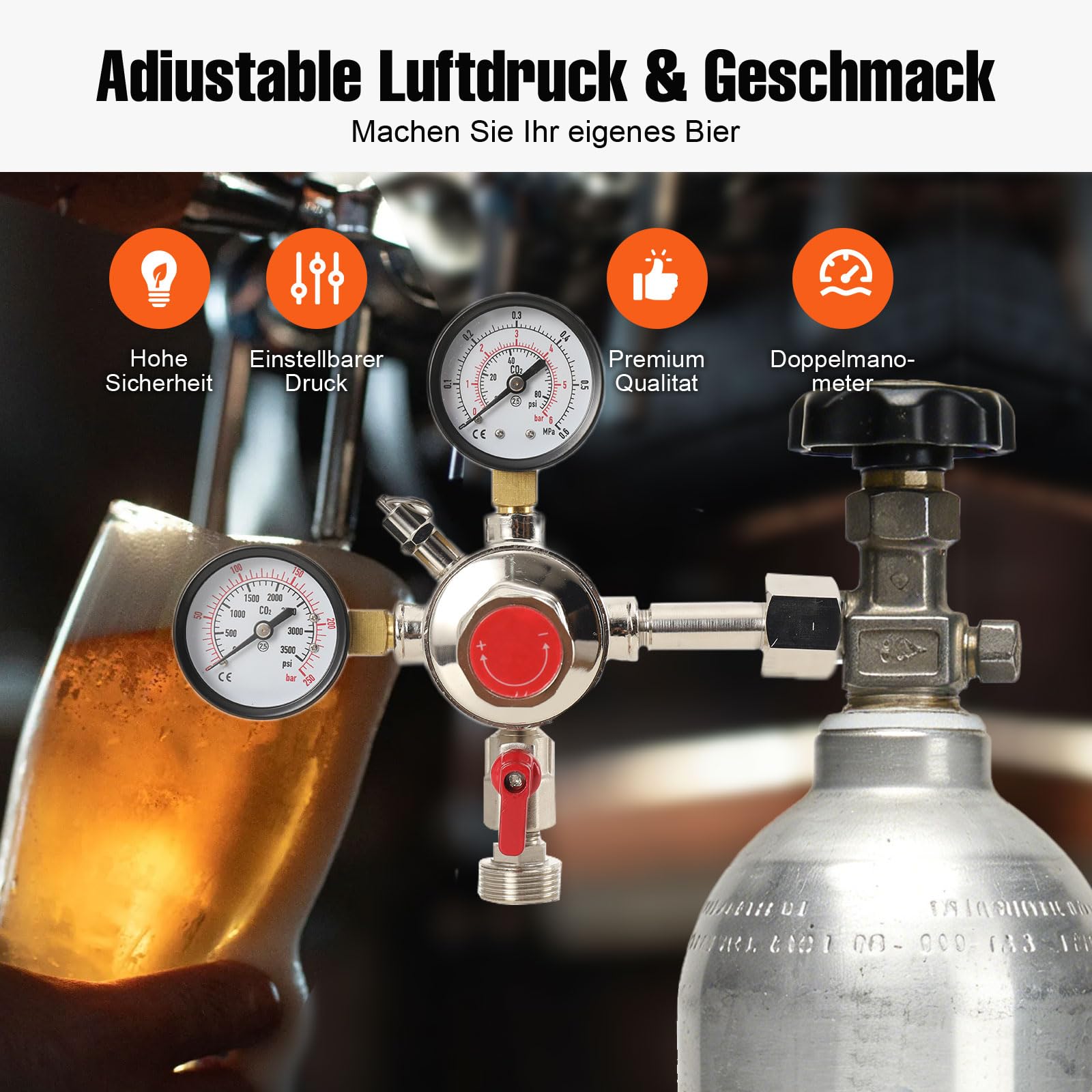 Druckminderer CO2 Druckregler, Druckminderer Gasflasche Mit Dual Manometer, CO2 Regler Bier Druckentlastungsventil Für Bier Maschine, Bierbrauen, Bierzapfanlage - W21.8 x 1/14