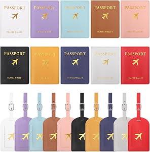 Swpeet 4Pcs Brown and Baby Blue PU Leather Passport Cover Holder and Luggage Tag Set, 2 Passport Covers 2 Luggage Tags, Passport Holder Travel Suitcase Tag, Passport Covers and Organizer for Travel
