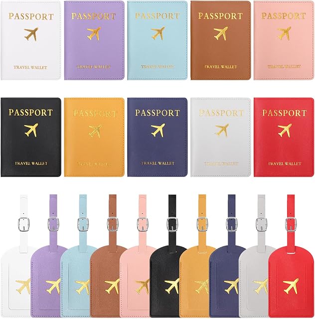 Swpeet 4Pcs Brown and Baby Blue PU Leather Passport Cover Holder and Luggage Tag Set, 2 Passport Covers 2 Luggage Tags, Passport Holder Travel Suitcase Tag, Passport Covers and Organizer for Travel