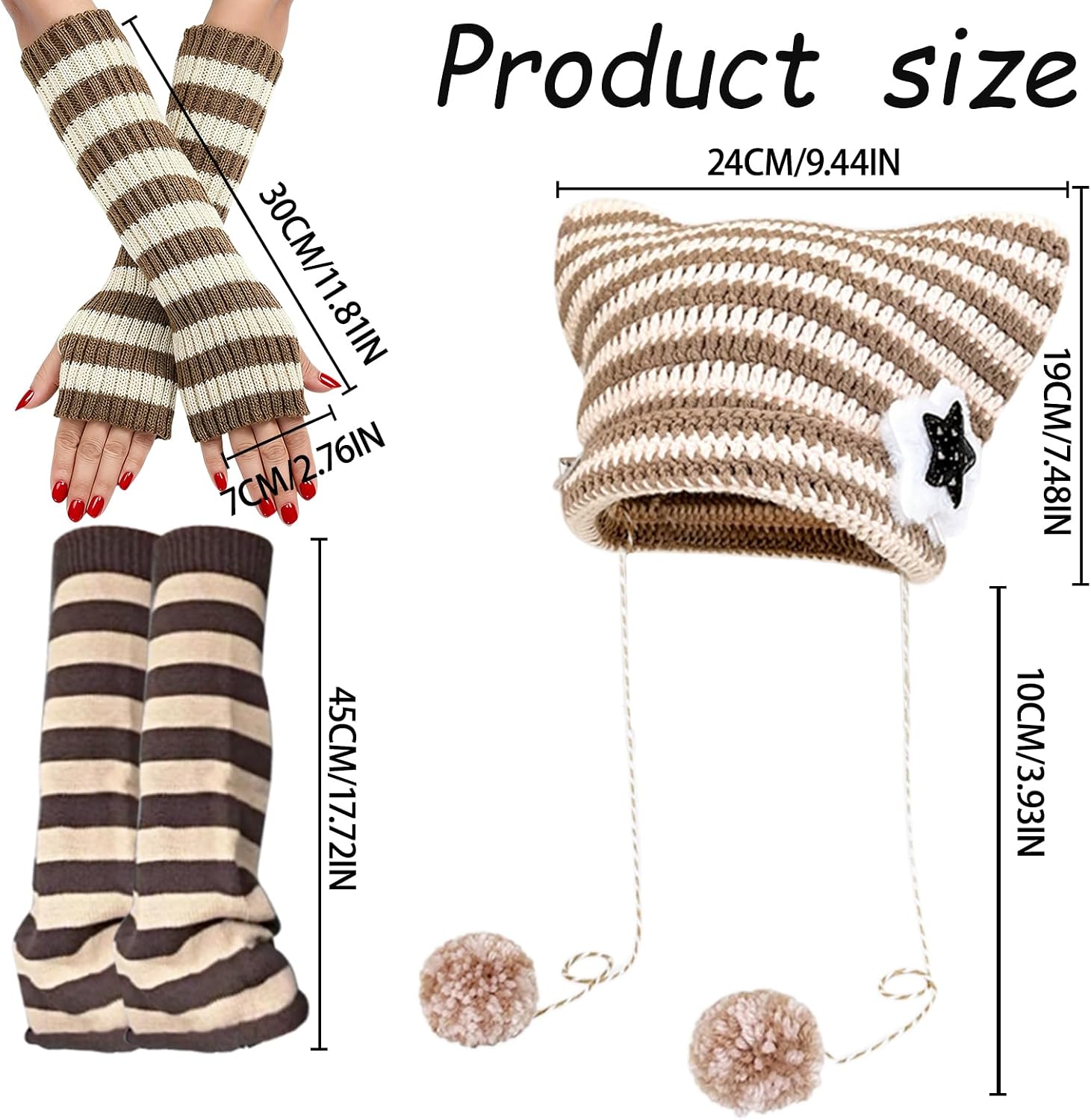 Y2k Cat Beanie With Kawaii Leg Cover Accessories,Striped Beanie Cat Ears Hat Arm and Leg Warmers of Y2k Accessories