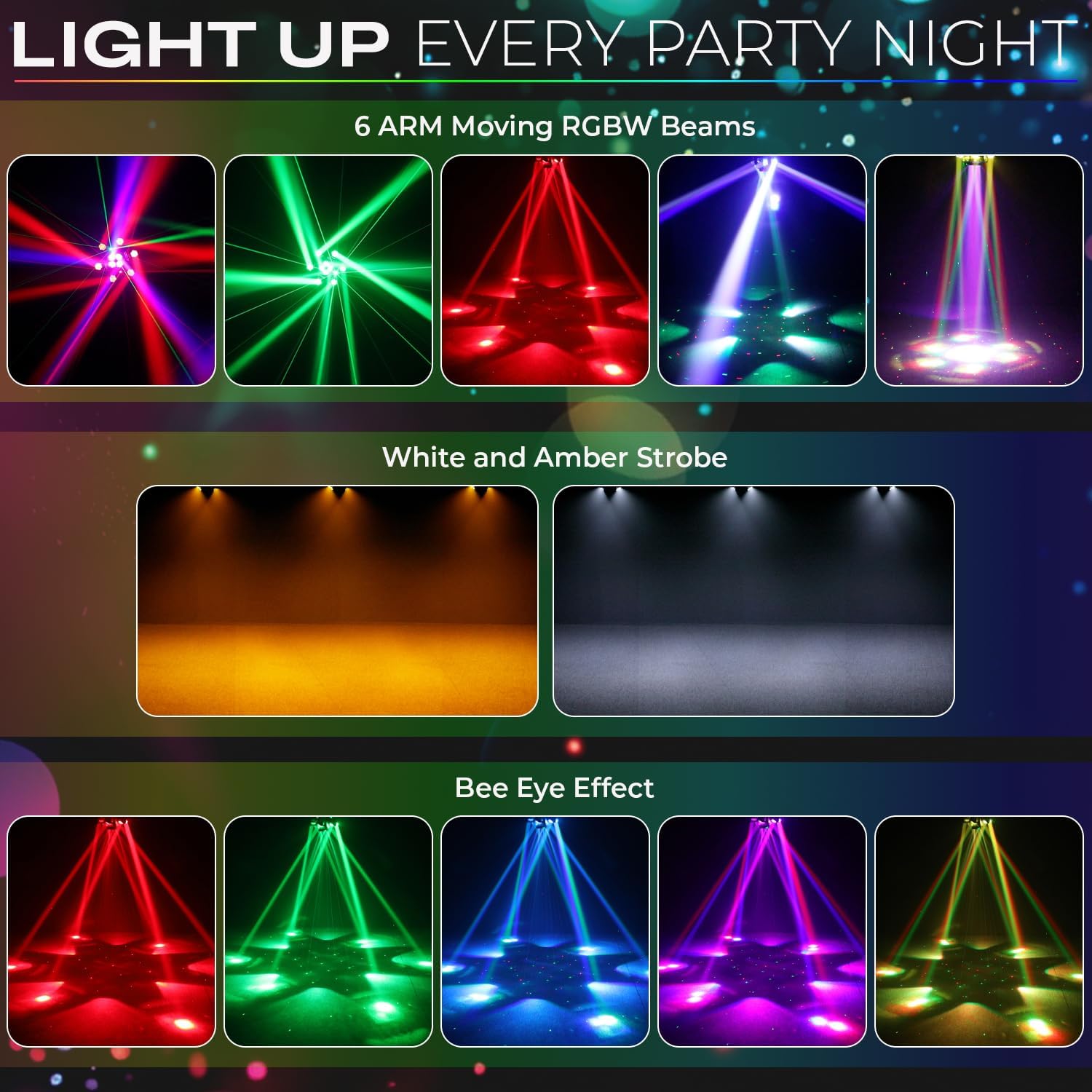 150W Moving Head DJ Light – 6-Arm Spider Beam & Bee-Eye Wash Hybrid + Red/Green Laser & Amber Strobe – DMX512 & Remote Control for Wedding Stage Party Lighting