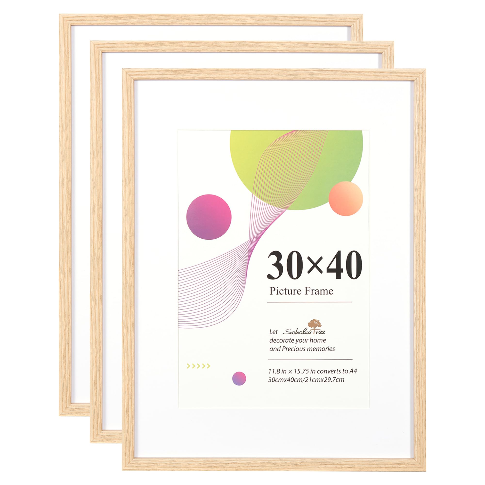 Scholar Tree 30x40 Picture Frame,3 Pack Oak,12x16 picture frame, Wooden Photo Frames with A4 Mount,with Wall Hanging โ image 1