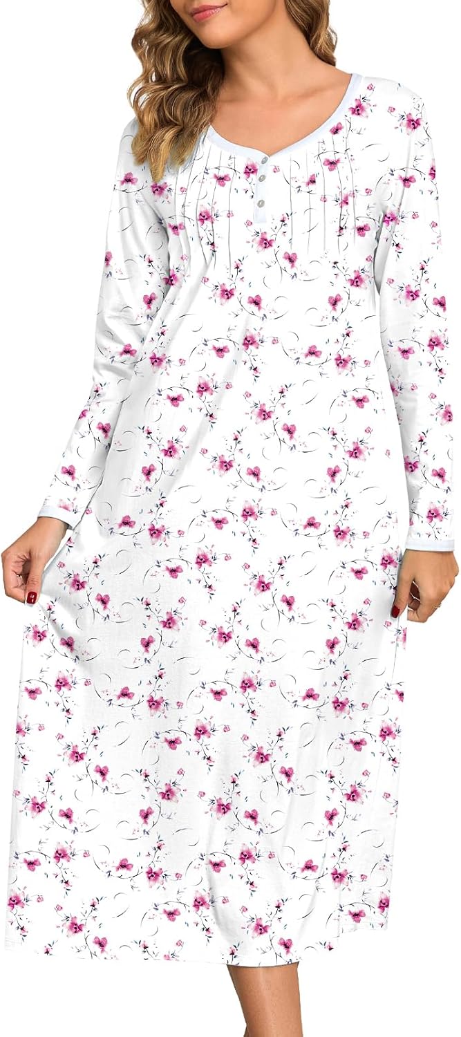 Women's Long Sleeve Nightgown 100% Cotton Soft Knee-Length Sleepwear Gown for Women Cozy Lounge Dress Pajamas