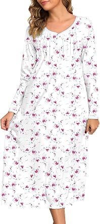 Womens Long Sleeve Nightgown 100% Cotton Soft Knee-Length Sleepwear Gown for Women Cozy Lounge Dress Pajamas