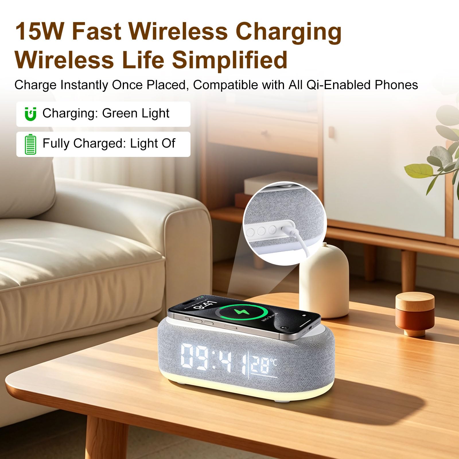 4 In1 Smart Wecker, Digitaler Tischwecker mit Licht und Ladestation, Radiowecker mit Ladefunktion & Temperaturanzeige, Helligkeit regelbar, ABS Tischuhr für Schlafzimmer Schreibtisch