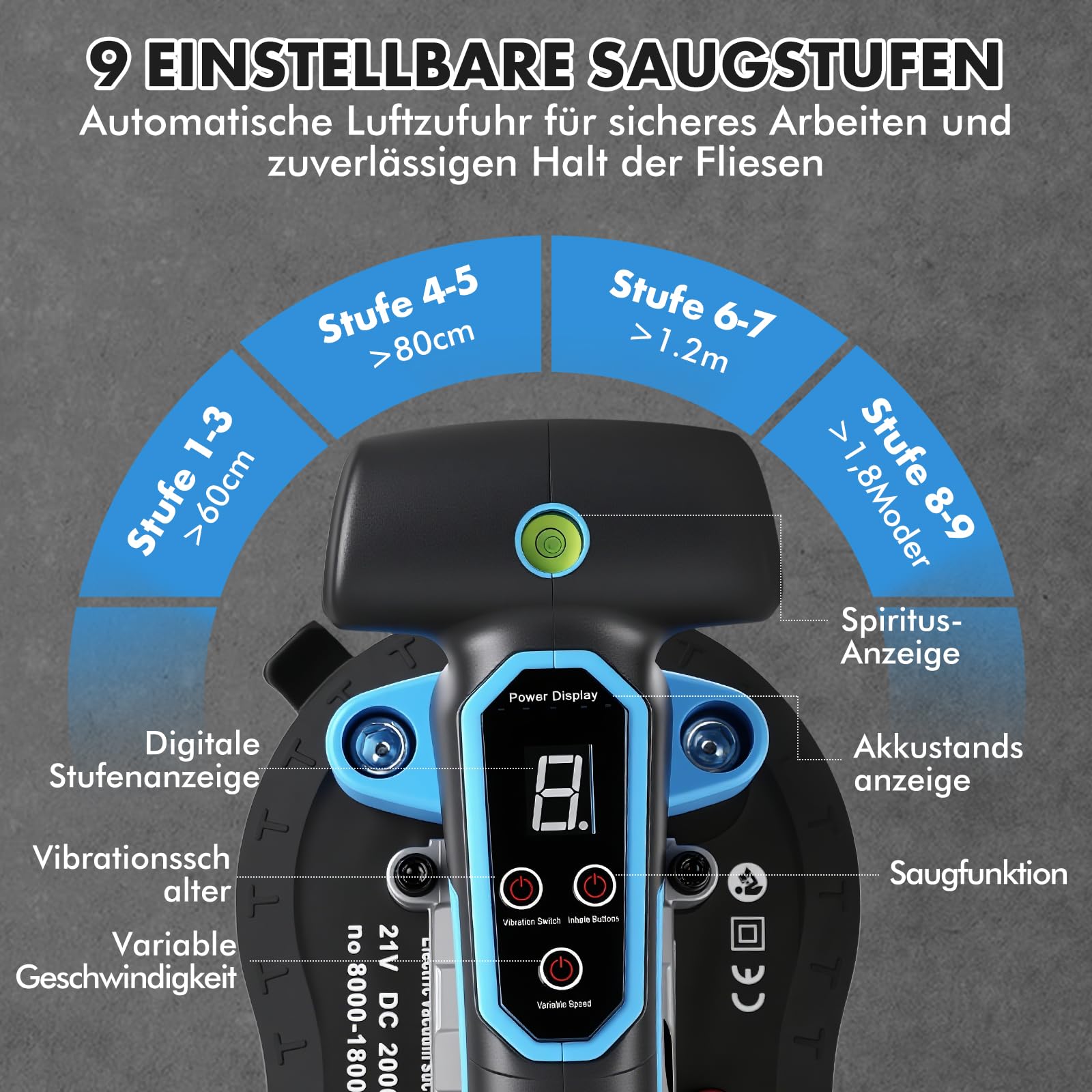 Akku Saugheber FliesenrüTtler, 2 In 1 Glassauger Akku Fliesen VibrationsgeräT Mit 25x15cm Saugnapf 200kg Saugkraft, 9 Gang Digital Elektrischer Plattenheber Vakuumheber FüR Fliesen, Glas, Marmor