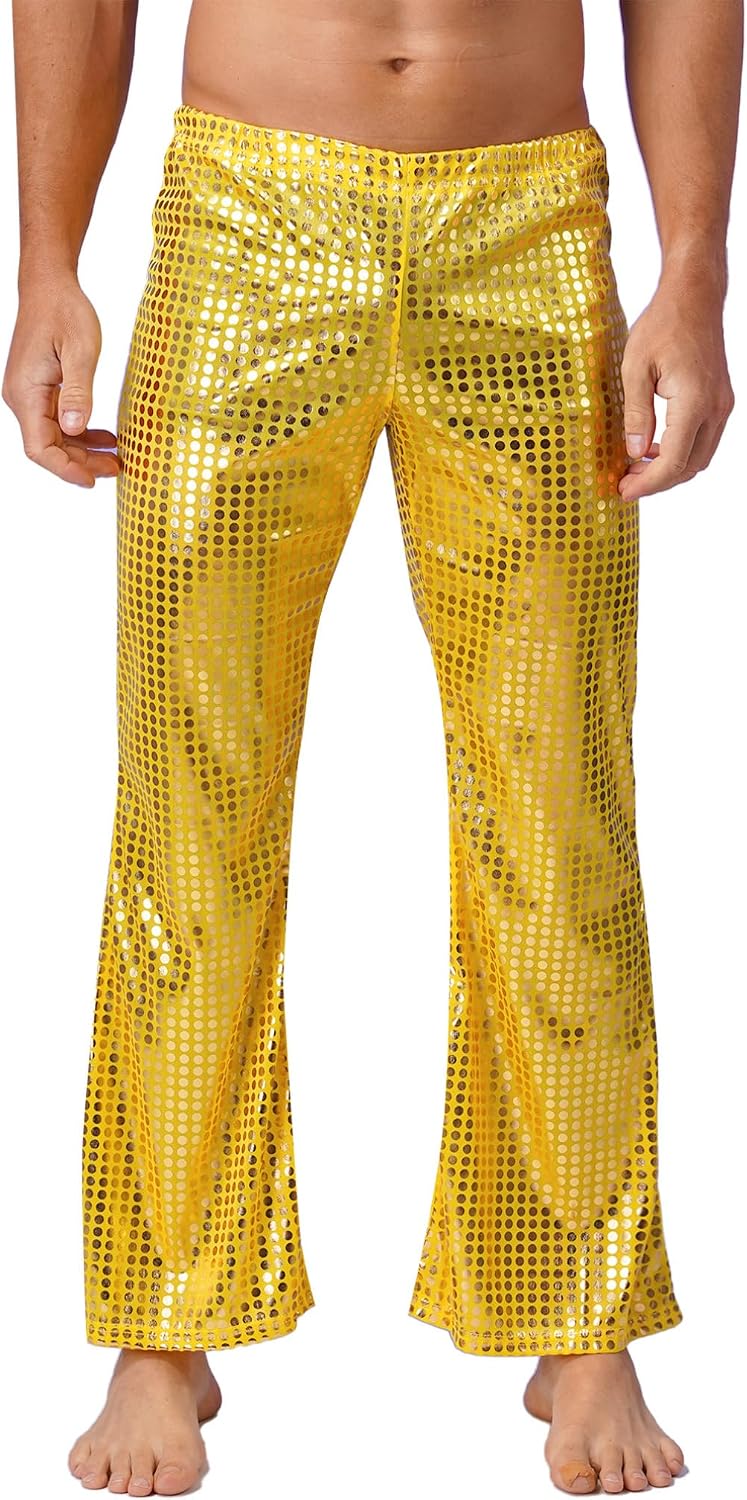Agoky Men's Sparkly Sequins Club Pants Wide Leg Bell Bottoms Flared Trousers for Hip Hop Jazz Disco