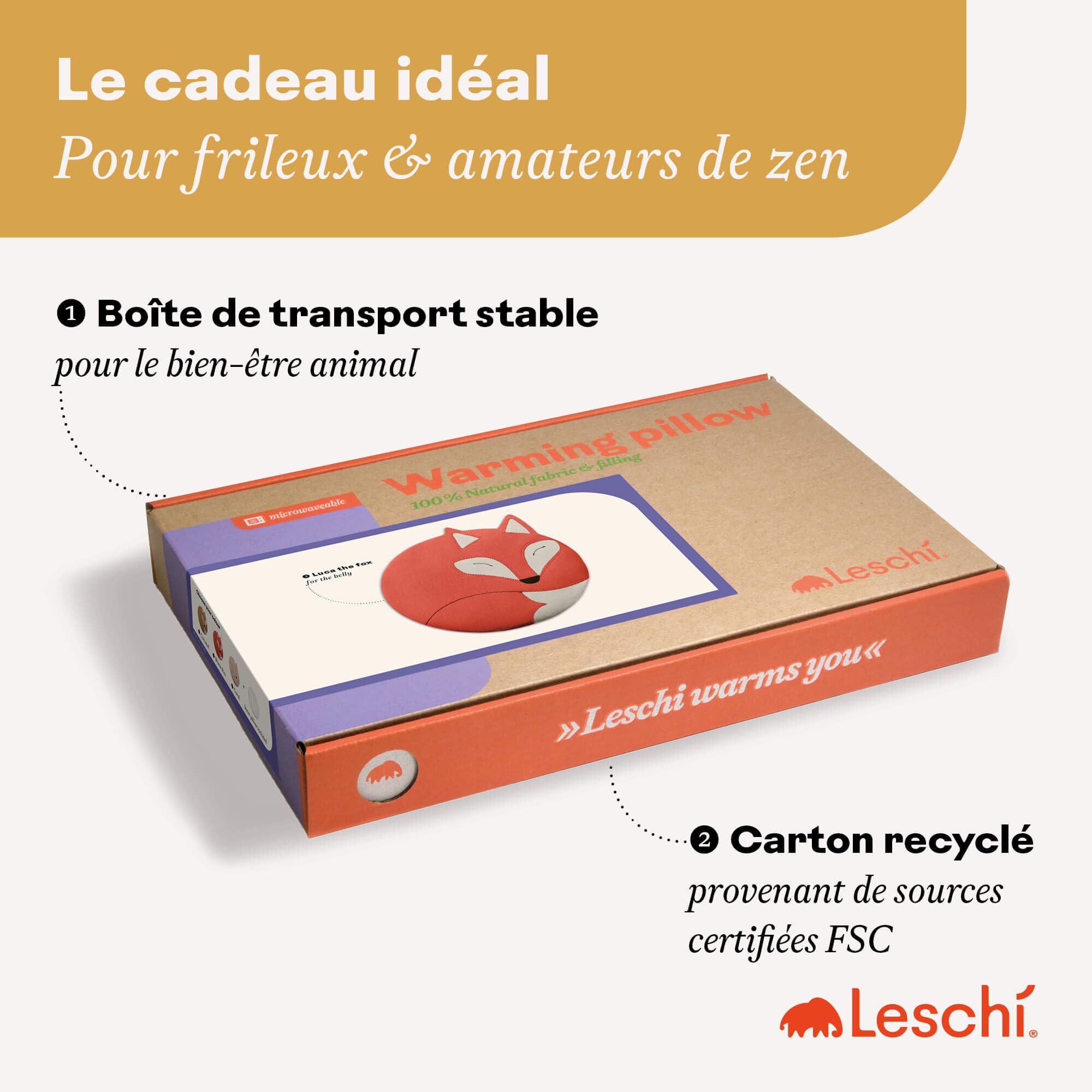 LESCHI Coussin chauffant micro-ondes en coton 100% bio, 4 compartiments, Renard noir, Bouillotte graines de blé 100% bio, Bouillotte micro-ondes idéale pour soulager les douleurs menstruelles