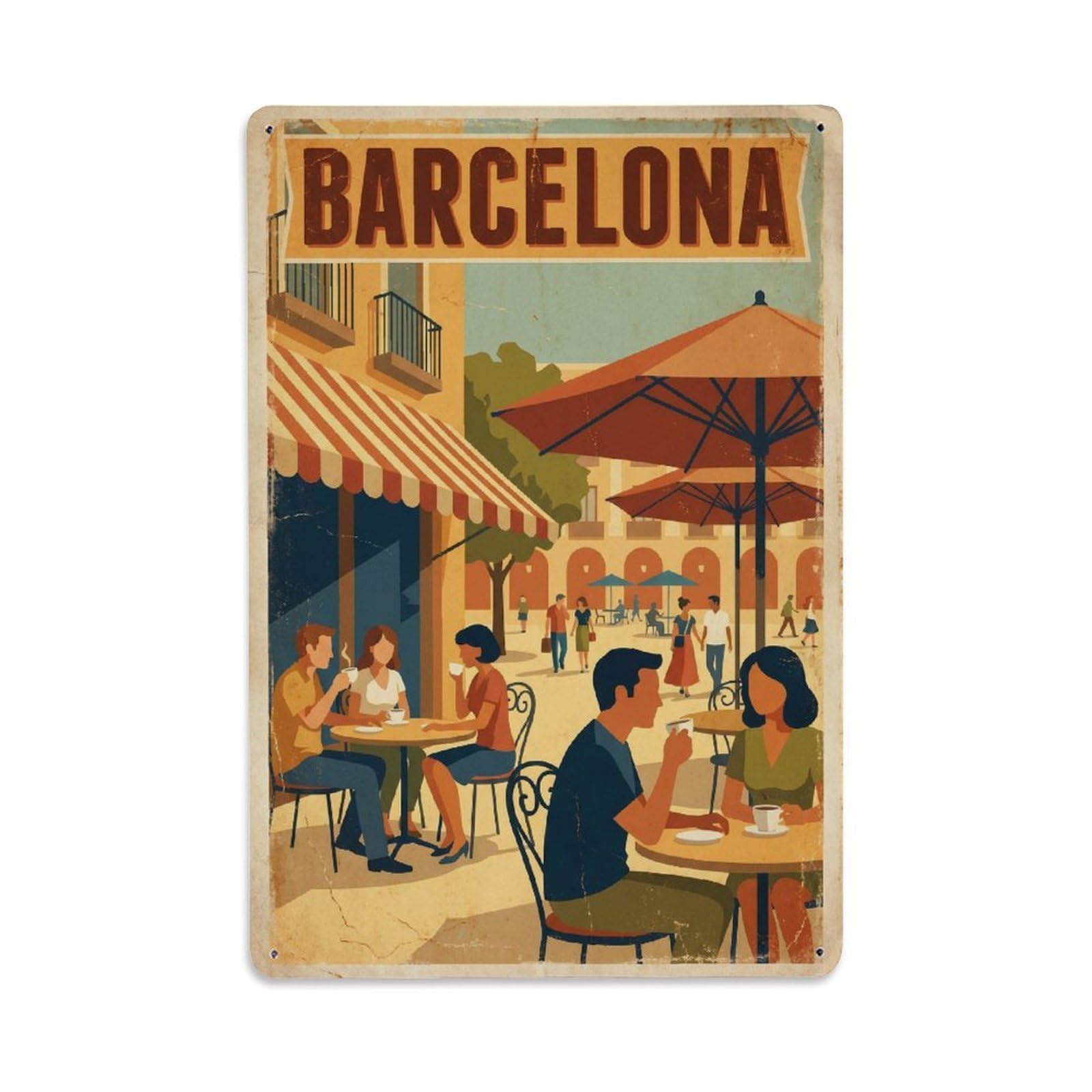 Okngb Style Plazas Vintage Urban Barcelona Spain Travel Tourism Metal Tin Sign Plaque Wall Decor For Cafe, Man Cave, Club Bar, Office, Home Garden Round Metal Poster 8X12inch