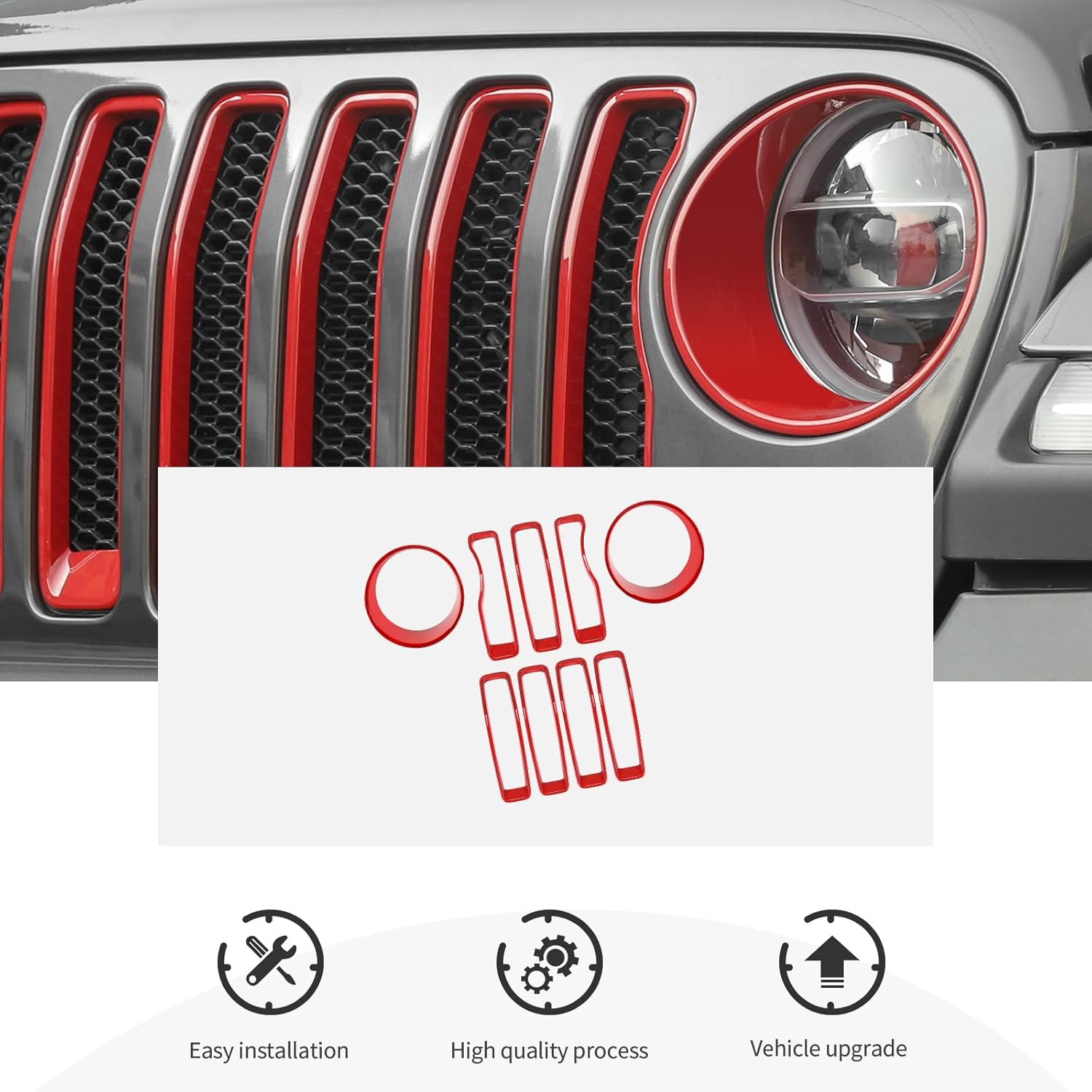 CheroCar Front Grille Mesh Inserts & Angry Eyes Headlight Bezels Cover Trim Fit for 2018-2025+Jeep Wrangler JL JLU&Gladiator JT Exterior Accessories Clip-in Grille Guard Cover Headlight Bezels,Red