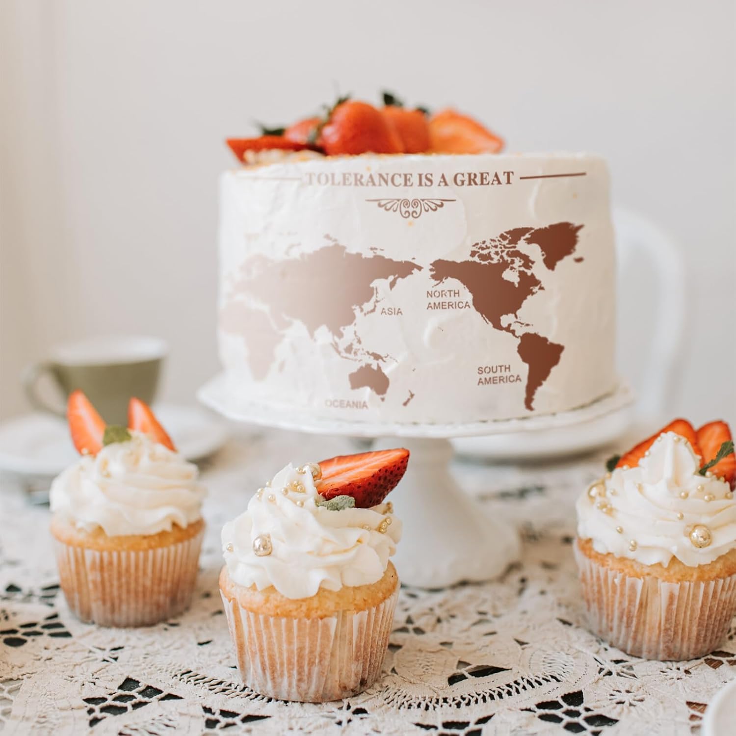 World Map Cake Decorating Stencil Template, Multifunctional Baking Sugar Sieve Mold for DIY Cake Decorating, Hand-Painted Style, Suitable for Festive Baking and Dessert Decoration