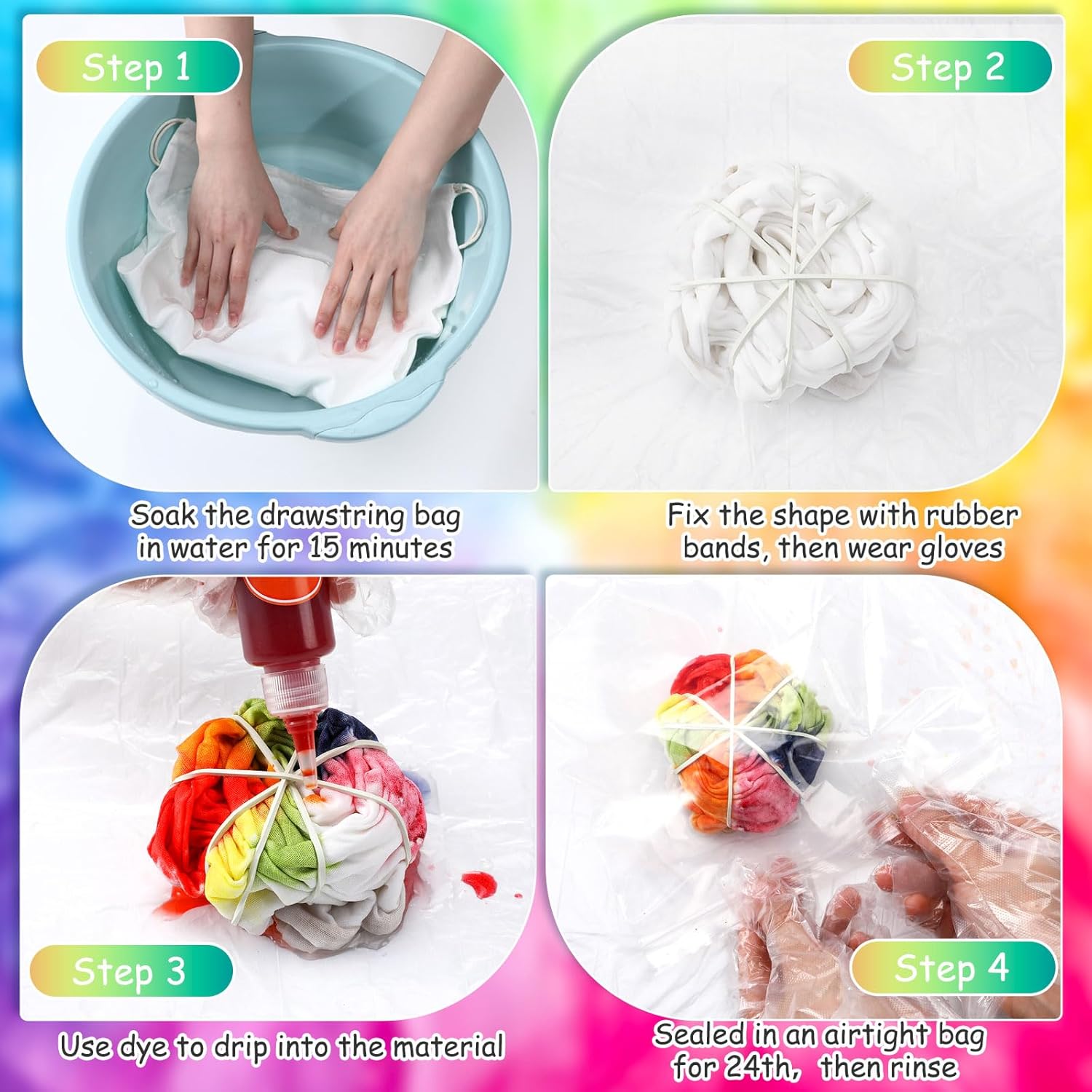 Abbylike 96pcs Tie Dye Party Cotton Drawstring Backpacks Scrunchies Bow Hair Ties Elastic Headbands Cotton Hair Accessories for DIY