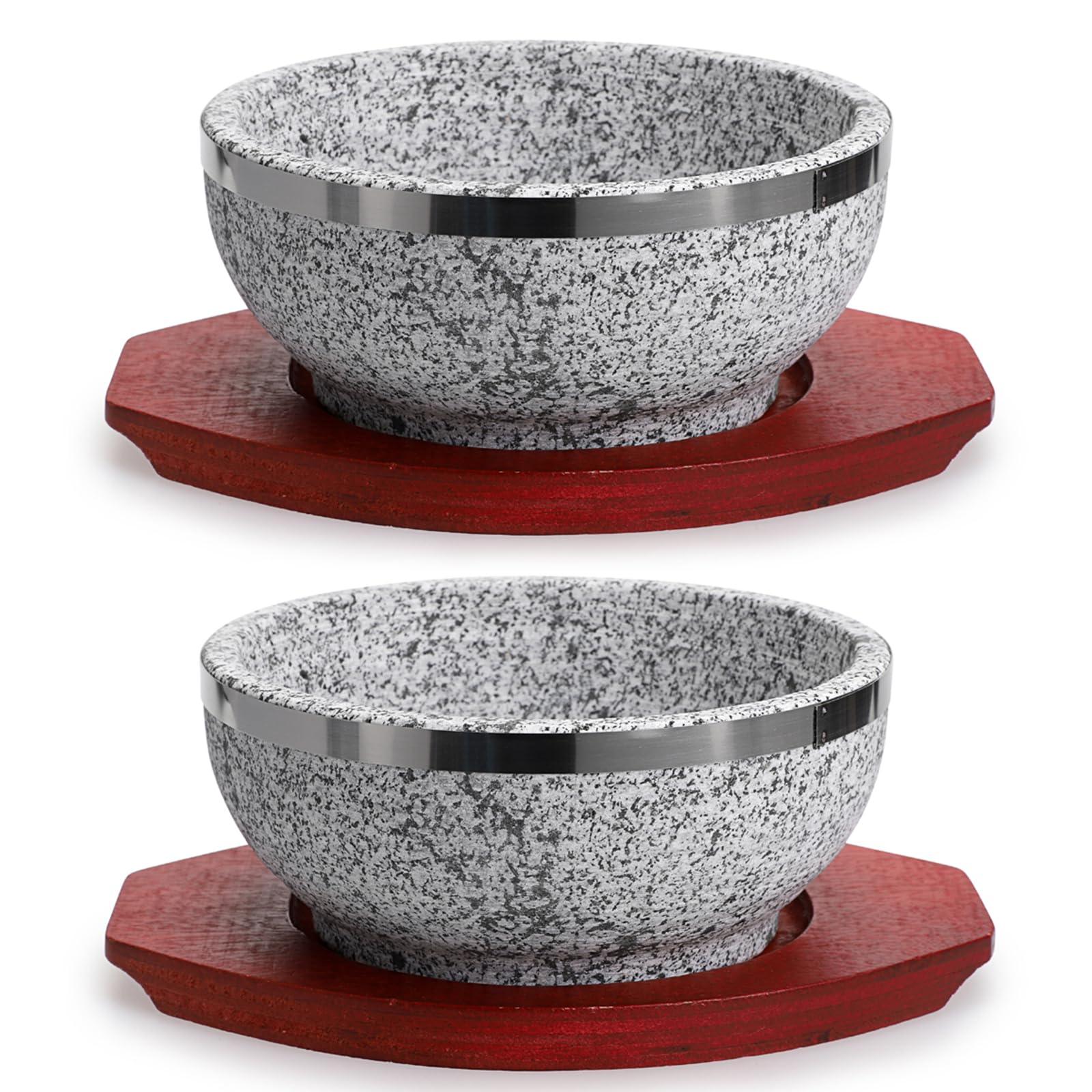 Set di 2 ciotole in pietra coreana con vassoi in legno, in granito Dolsot Bibimbap