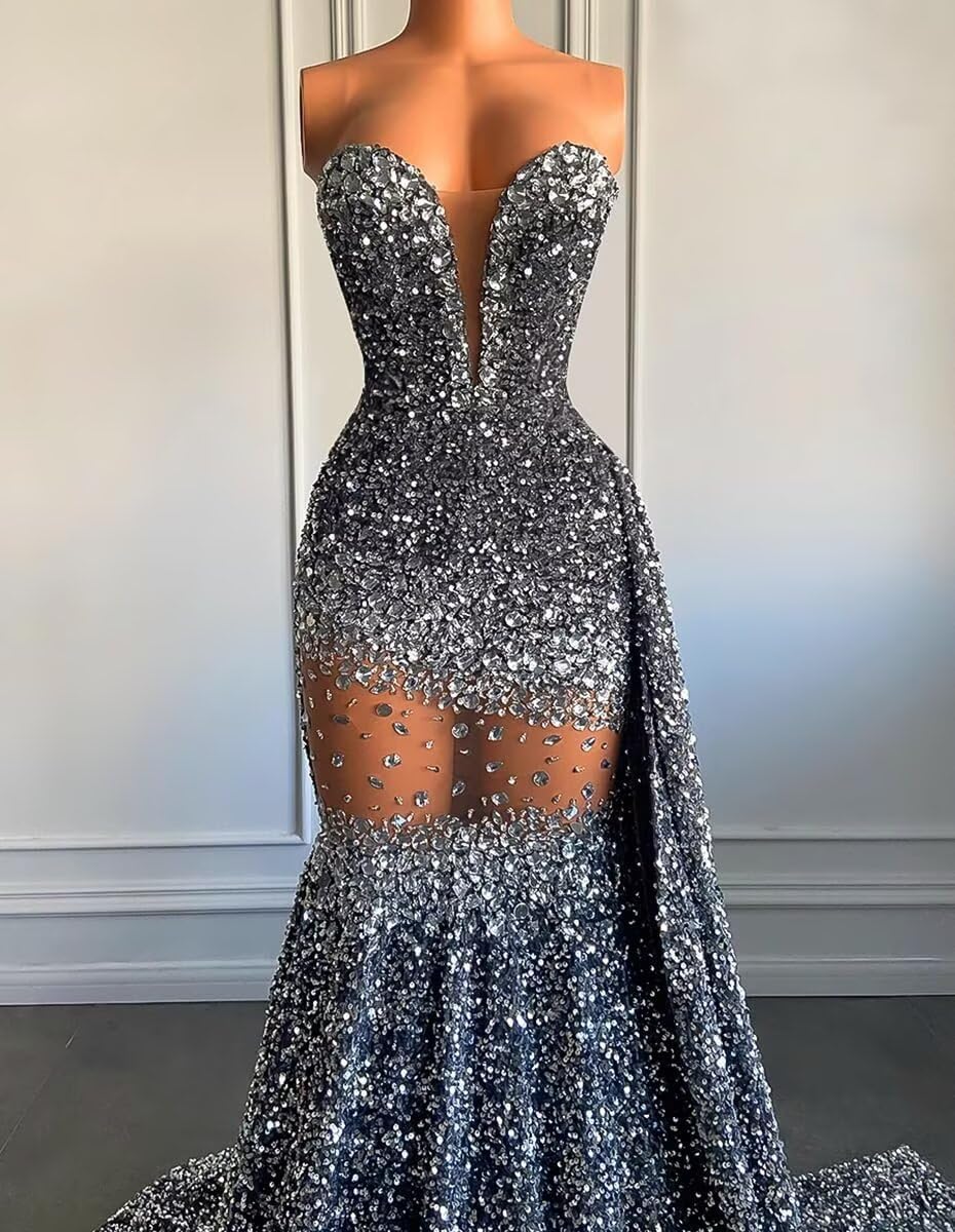 Rhinestones Tulle Shiny Sequin Prom Dress Women's Evening Party Gown Crystals Mermaid Shower Gala Pageant Celebrity Gown