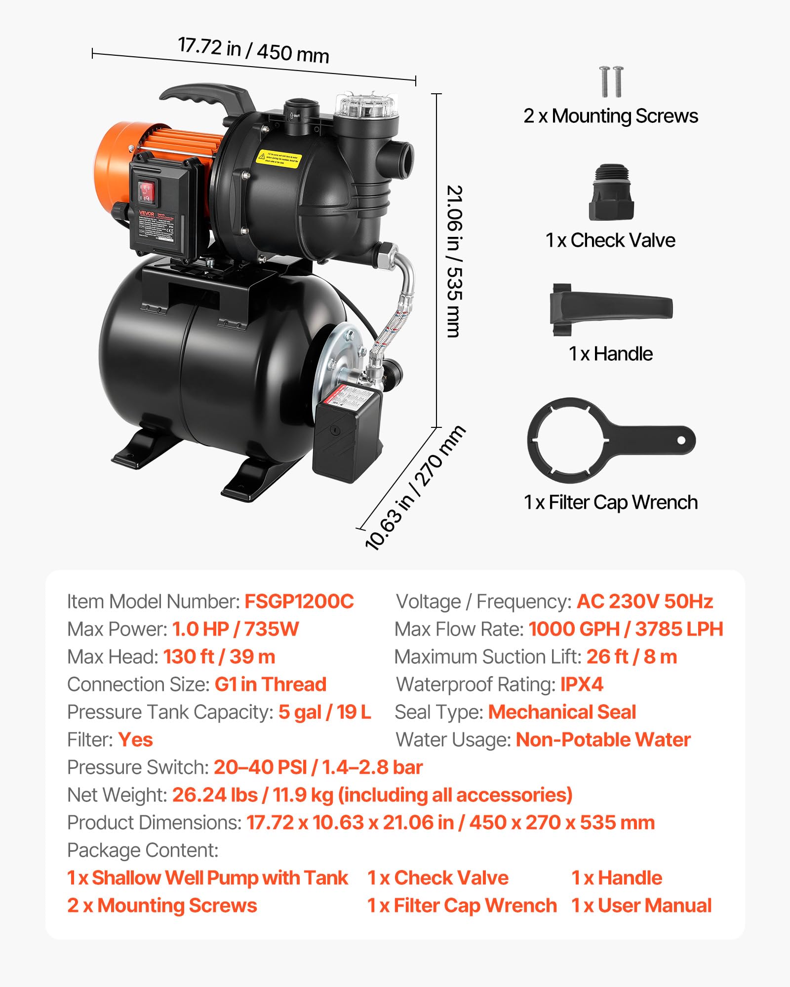 VEVOR Bomba para Pozos Poco Profundos 1 HP, Bomba de Agua de Trasvase 3785 LPH, con Tanque de Presión 19 L, Filtro, Válvula de Retención, Sistema Automático de Presurización, para Jardín, Césped