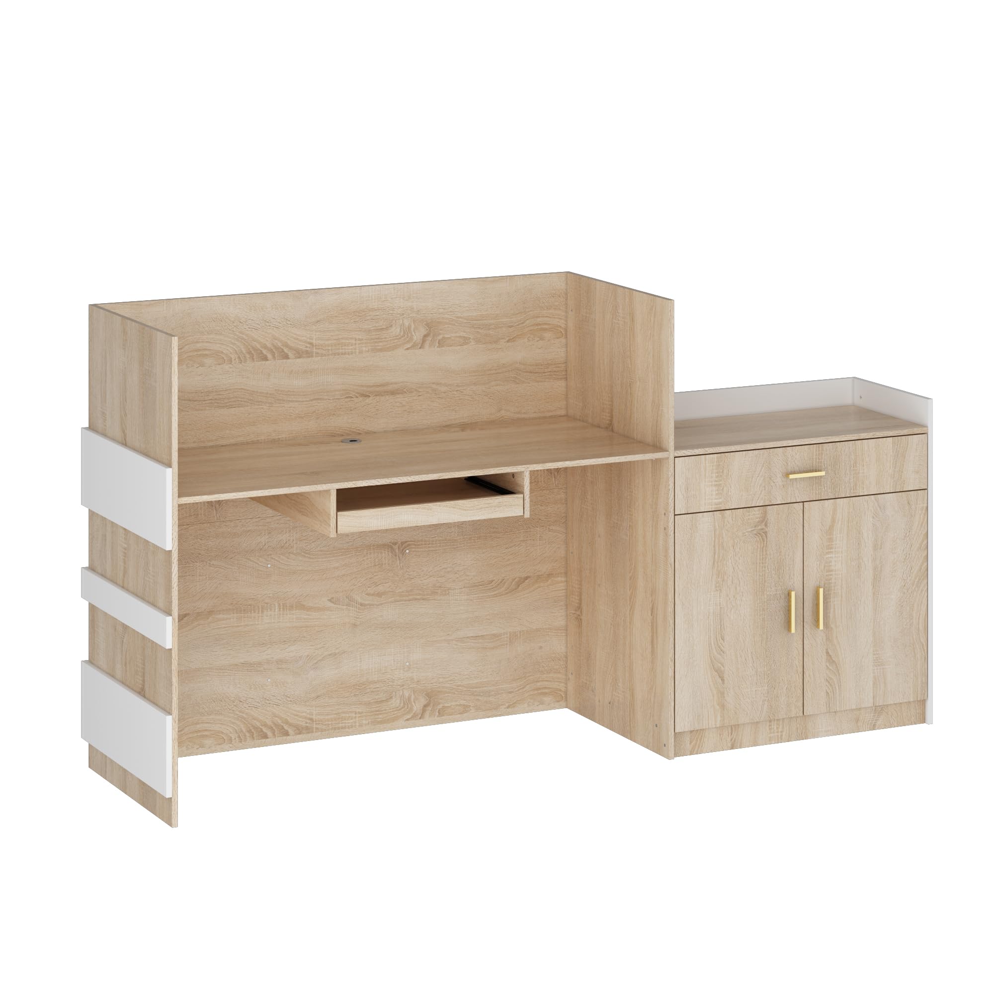 lada recepcyjna, recepcja, stół recepcyjny, stół recepcyjny, strefa recepcyjna, stół recepcyjny, mebel biurowy, 222 cm x 64 cm x 120 cm, biały + drewno dębowe