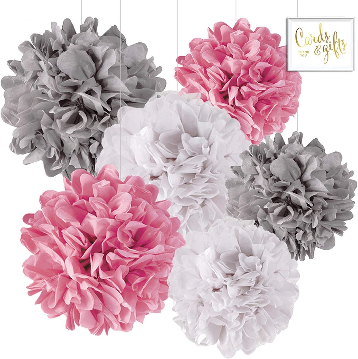 Andaz Press Hanging Tissue Paper Pom Poms Party Decor Trio Kit with Free Party Sign, White, Pink, Gray, 6-Pack, for Elephant Baby Shower Decorations