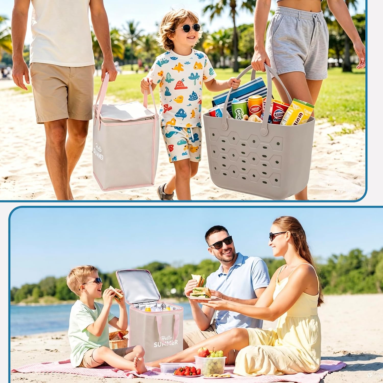 PoVwlty Rubber Beach Tote Bag with Insulated Cooler Bag, Waterproof Sandproof Pool Bag for Beach, Travel- Perfect for Summer