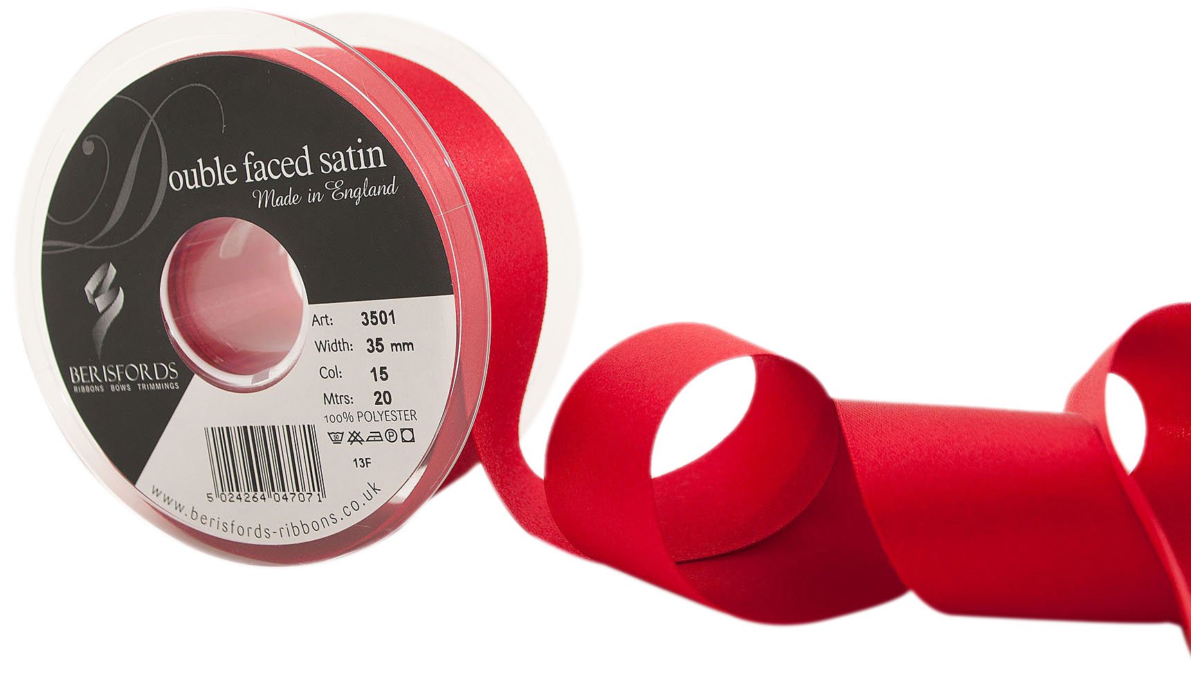 Berisfords Double Satin Ribbon, Red, 20 m