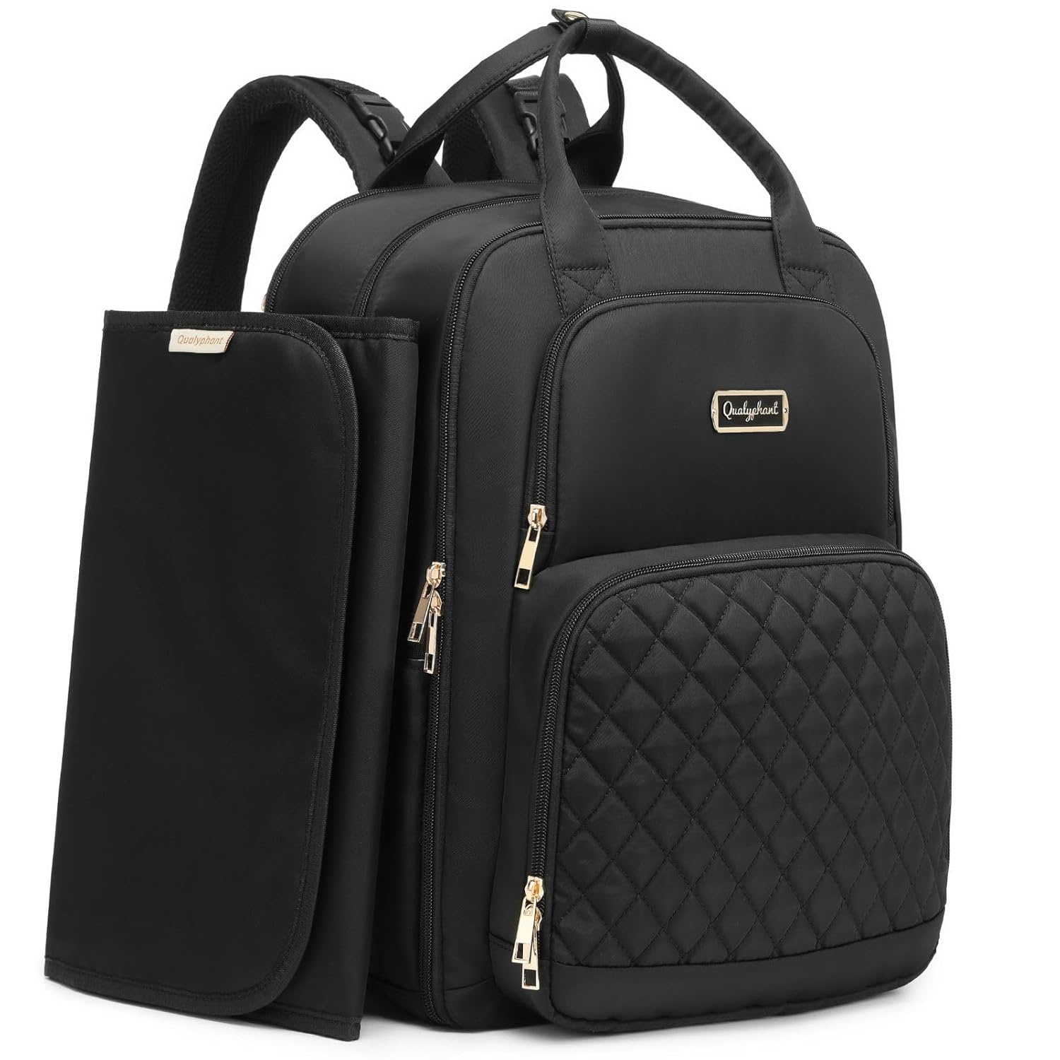 Qualyphant Diaper Bag Backpack - Extra Large Diaper Bag for 2 Kids Twins (Expandable 30-38L) - Travel Baby Backpack with Changing Pad for Mom Dad (Quilted, Water Resistant, Black)