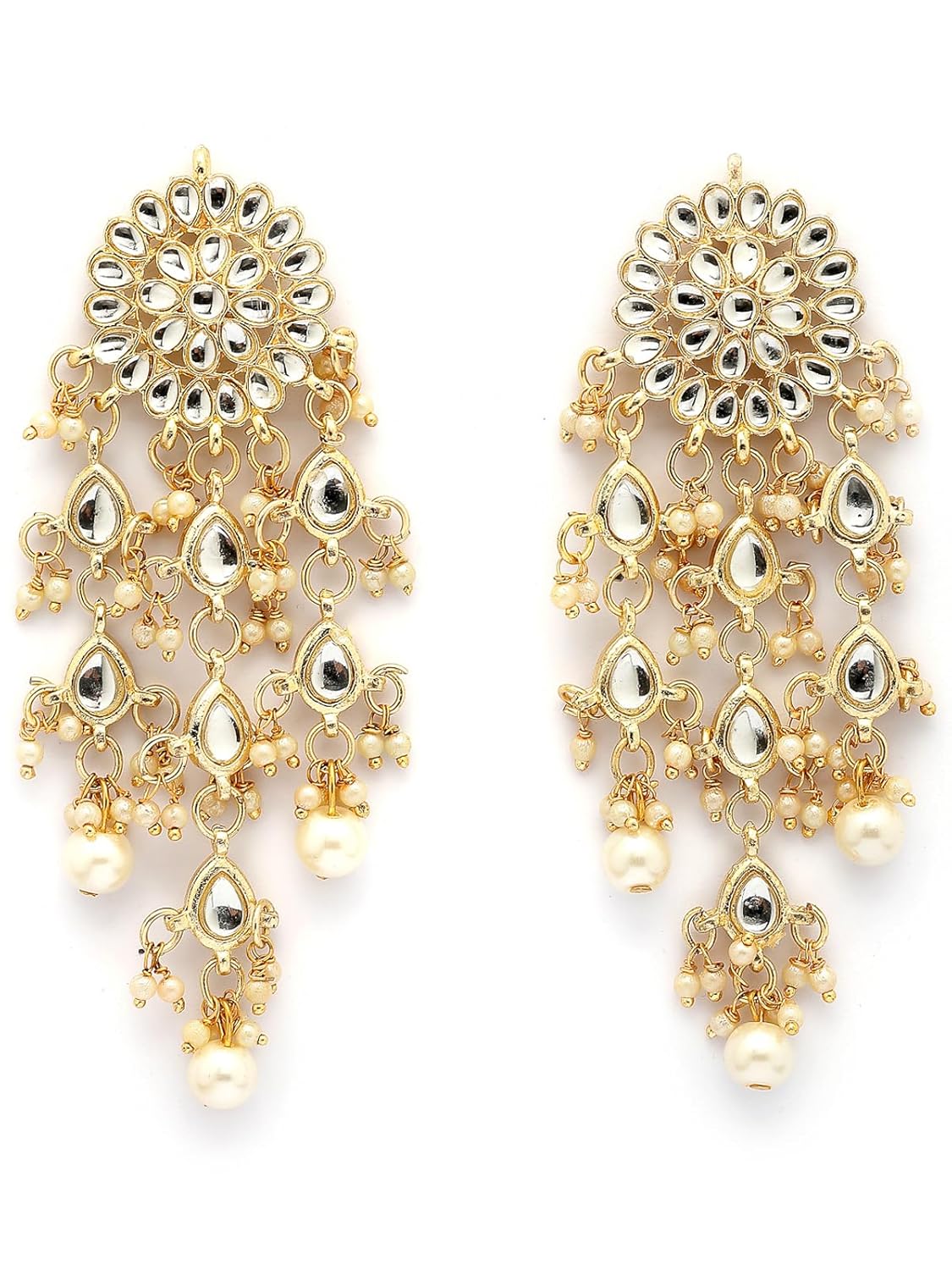 Sukkhi Beautiful Floral Style Gold Plated with Pearls & Kundan Studded White Long Dangler Tassel Earring Jewellery for Women & Girls|E107329