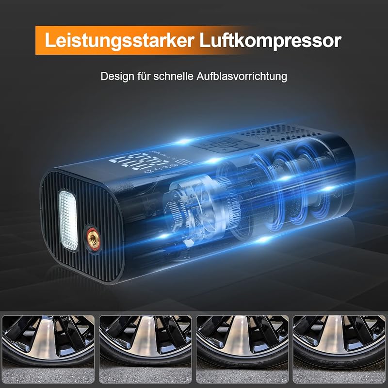 SHTALHST Elektromos Pumpa 6000 mAh Akkumulátorral - 150 PSI Kompresszor LCD Kijelzővel Kerékpárhoz, Motorhoz, Autóhoz - Zseblámpa és Powerba