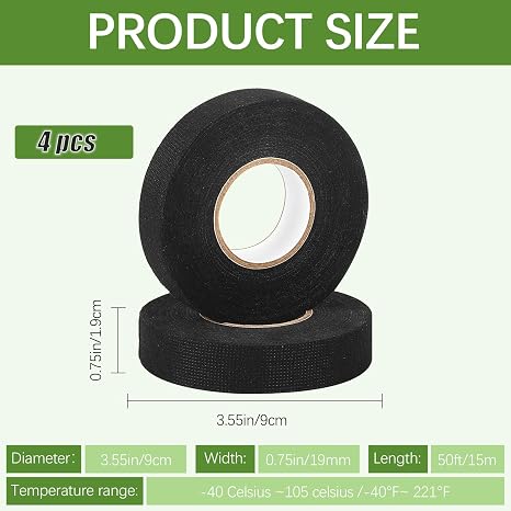 4 Rolls Wire Harness Tape,High Temp Automotive Wiring Harness Cloth Tape,for Engine Harness Wrap Protection, Noise Dampening, and Cable Protection 3/4 Inch x 50FT