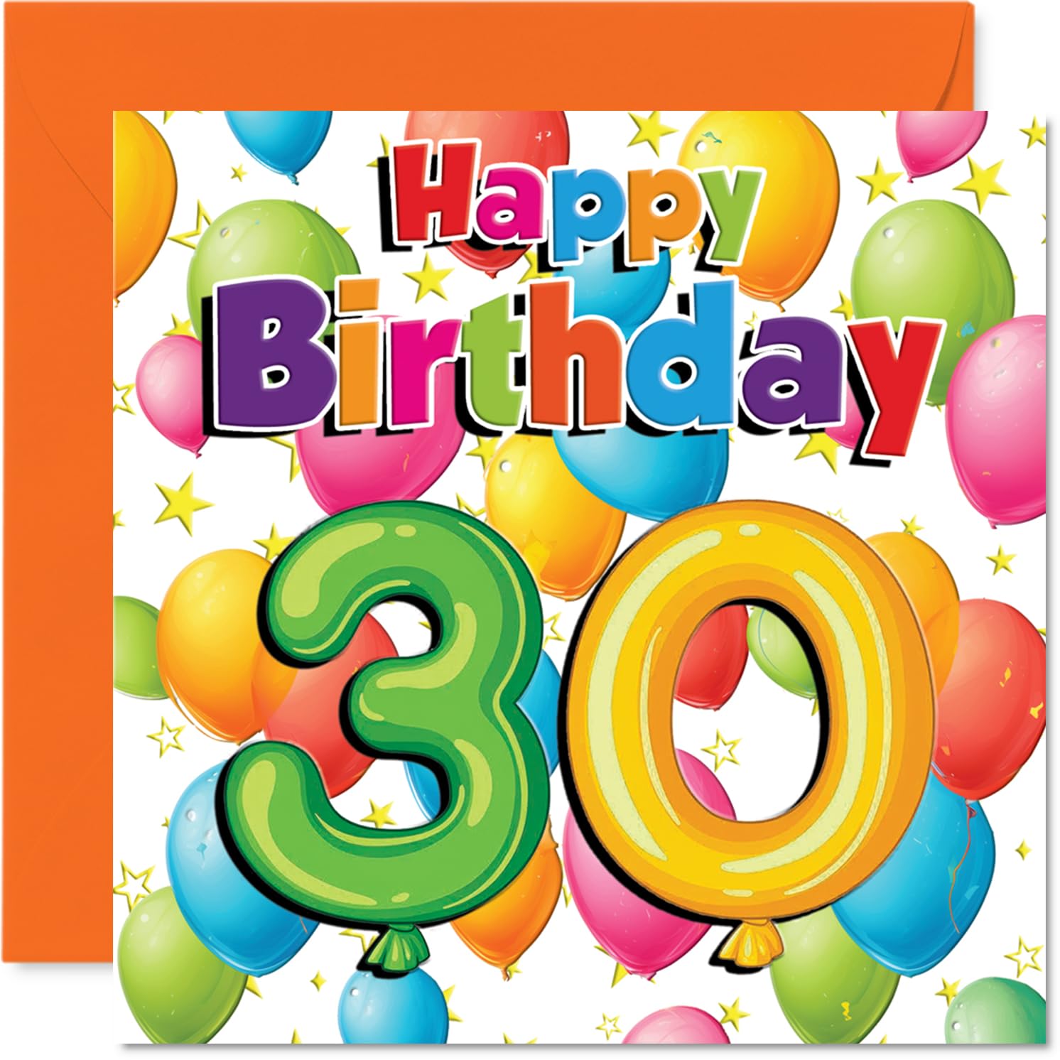 Milestone 30th Birthday Card - Bursting with Birthday Cheer - Colourful Balloons and Stars for a Vibrant 30th Celebration - 145mm Square, Envelope Included