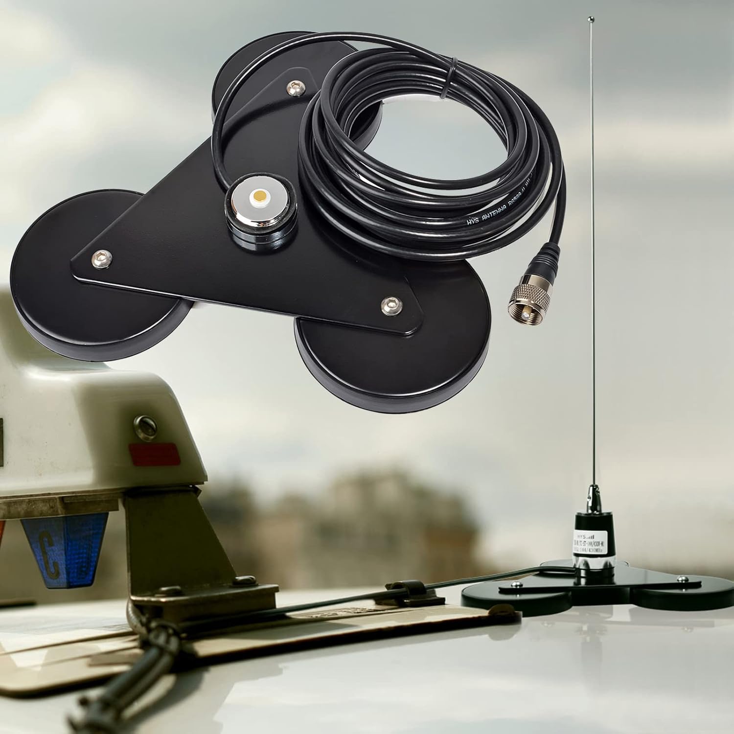 HYS NMO Base Mag Mount, Tri-Magnet Mount with Steel Housing and Rubber Sleeves, W/5M(16.4ft) RG58 Coaxial Cable PL-259 Plug