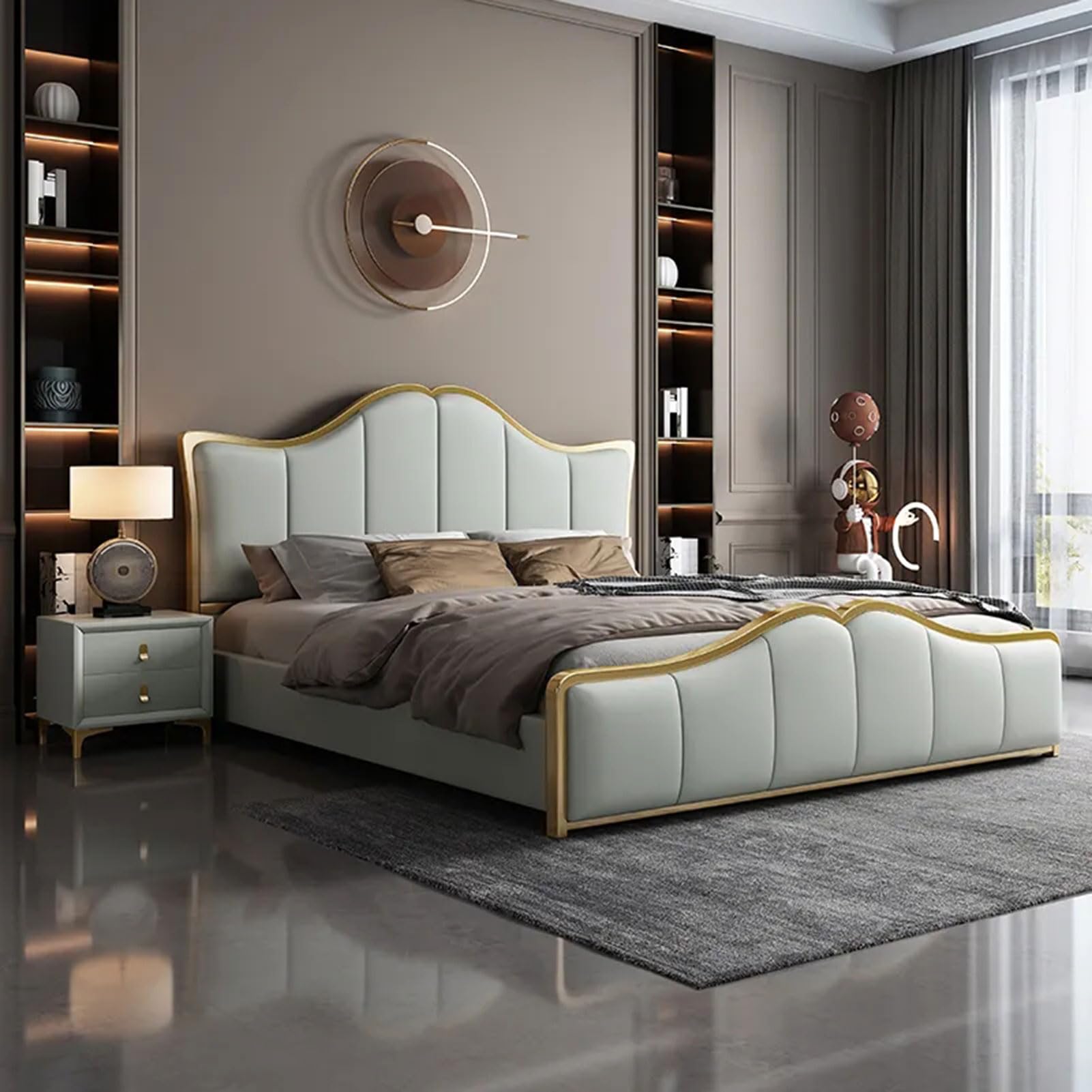 Luxury King Size Genuine Leather Bed Set Upholstered Platform Bed Frame with Headboard and Storage Drawers Strong Wooden
