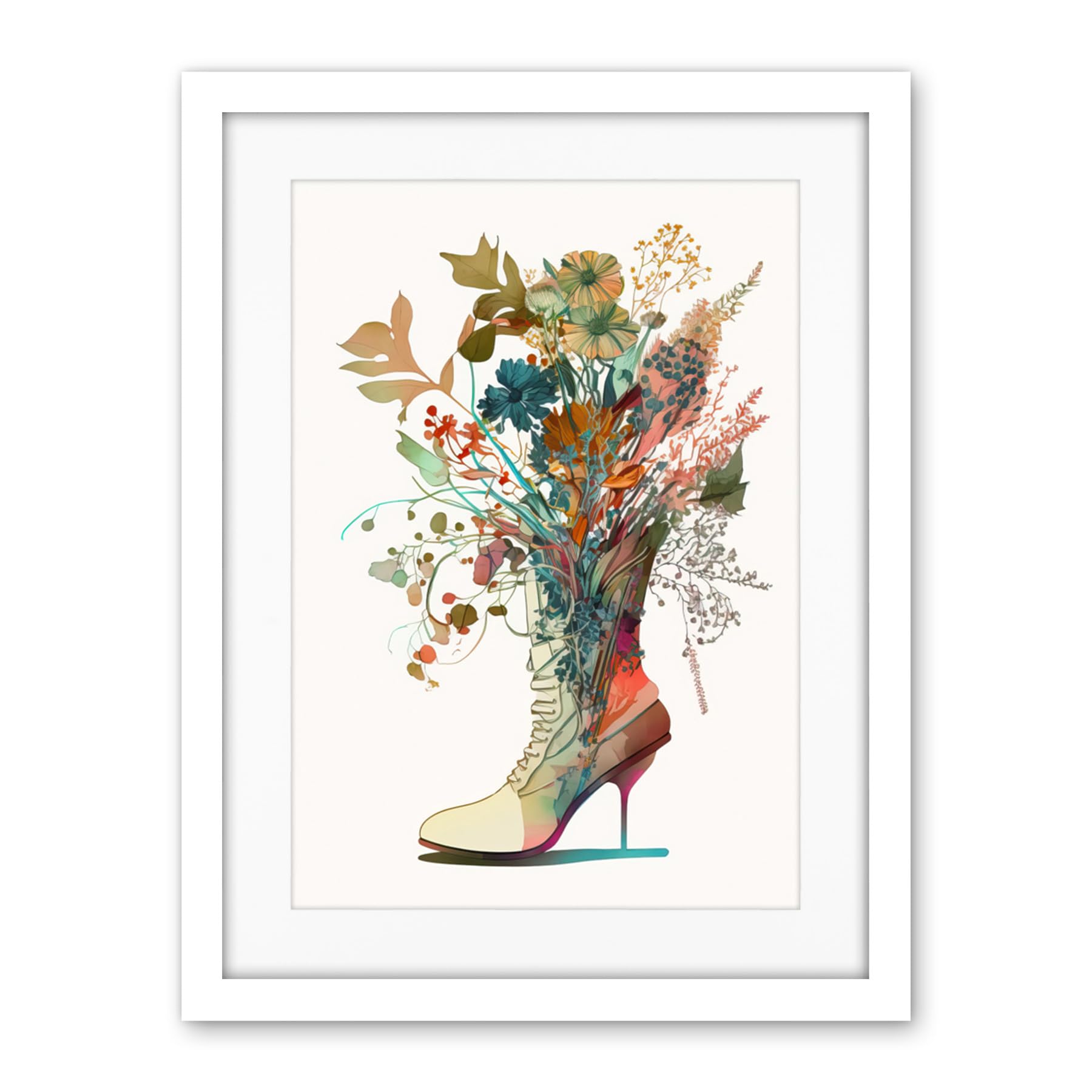 Artery8 Wildflower Bouquet in a Stiletto Heel Combat Boot Artwork Framed Wall Art Print 18X24 Inch